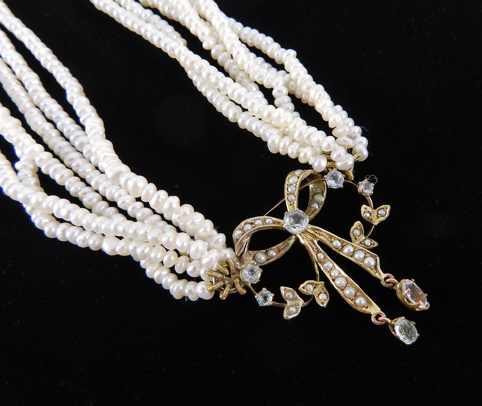 Antique Edwardian Gold and Blue Topaz Seed Pearl Multi-Strand Necklace - Vintage Jewelry for Weddings, Parties & Special Occasions