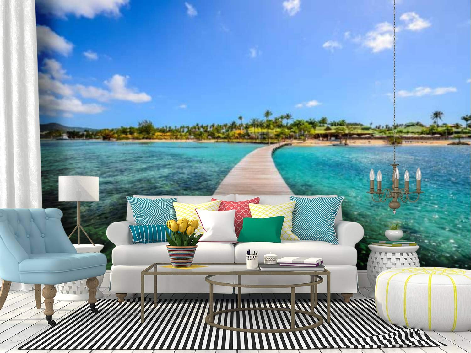 RECETHROWS Caribbean Martinique Pontoon Peel and Stick Wallpaper - Self-Adhesive Removable Vinyl Wall Mural for Living Room, Bedroom, Nursery & Office Decor