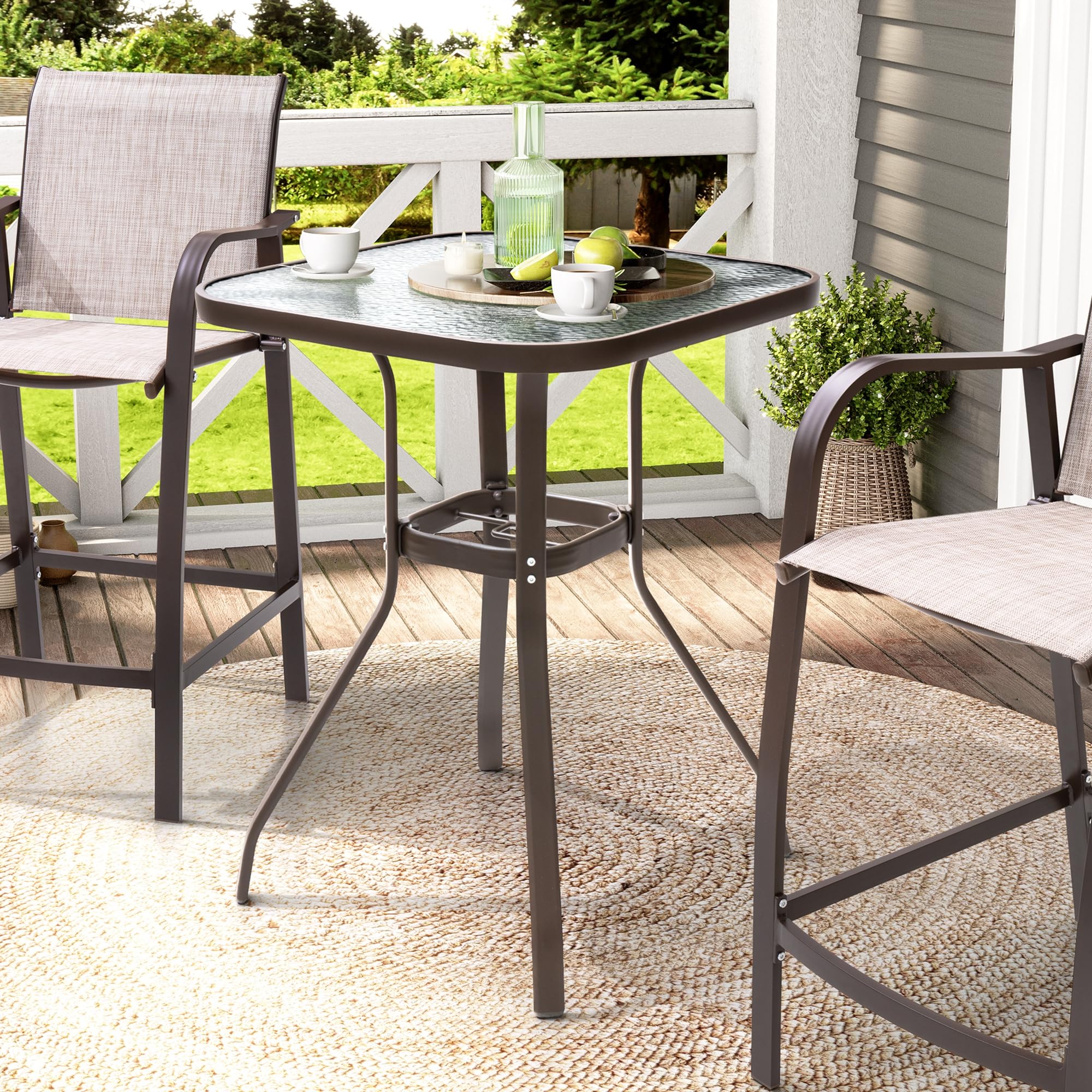 Crestlive Outdoor Bar Table with Umbrella Hole - Aluminum Frame & Tempered Glass Top Patio Dining Bistro Table - Durable Garden, Poolside, Deck, Lawn Furniture for Outdoor Entertaining (Brown)