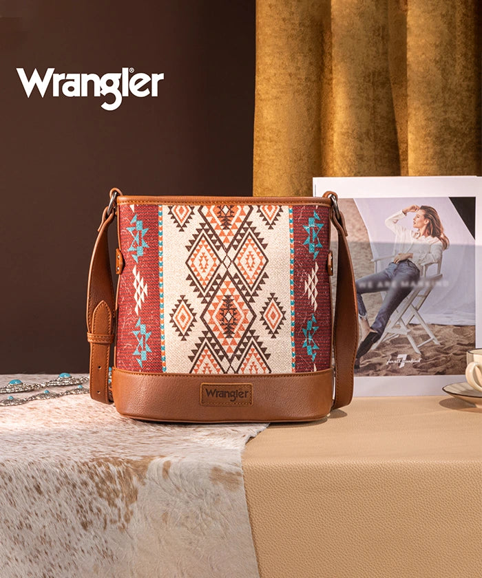 Wrangler Aztec Print Canvas Bucket Bag for Women - Stylish Crossbody Purse with Adjustable Strap, Perfect for Travel, Shopping & Everyday Use