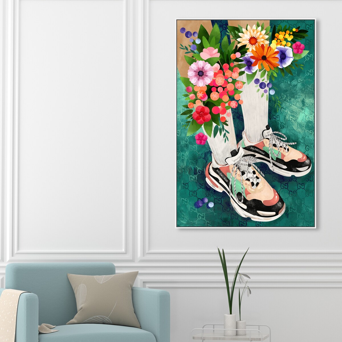 Stylish Floral Sneakers & Socks Set with Modern Green Canvas Wall Art - Perfect for Bedroom Decor and Casual Outfits