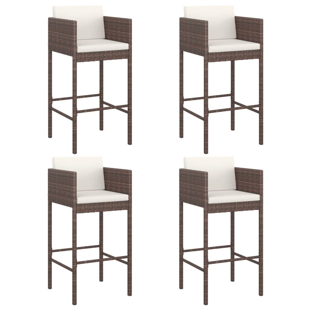 4-Piece Brown Poly Rattan Bar Stools with Cushions - Patio, Kitchen Island, or Home Bar Seating