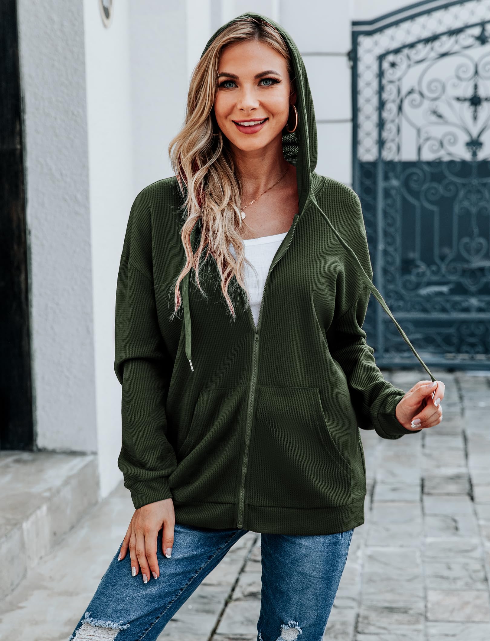 Cowasto Women's Waffle Knit Zip Up Hoodie - Casual Long Sleeve Drawstring Jacket with Hood - Perfect for Fall Layering, Lounge Wear & Outdoor Activities