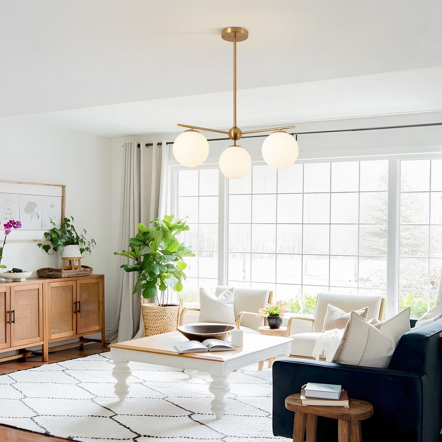 Mid Century Modern 3-Light Gold Globe Sputnik Chandelier - Brushed Brass Ceiling Mount Fixture with Milk White Glass Balls | Perfect for Dining Room, Living Room & Bedroom Lighting