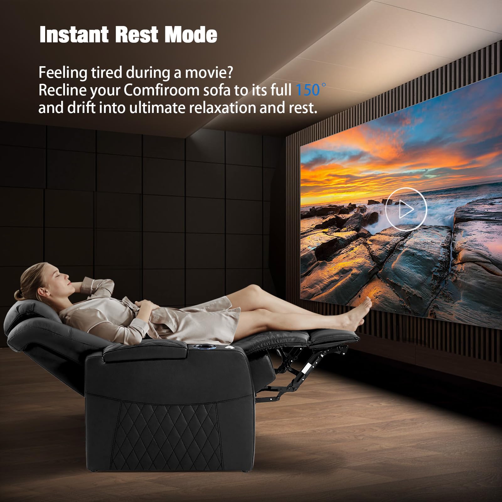 Premium Home Theater Seating Set - 5 Top Grain Nappa Leather Power Recliners with Dual Electric Headrest, Tray Table & USB Charger for Ultimate Movie & Gaming Experience - Luxury Cinema Sofa for Family Entertainment Rooms (Black)