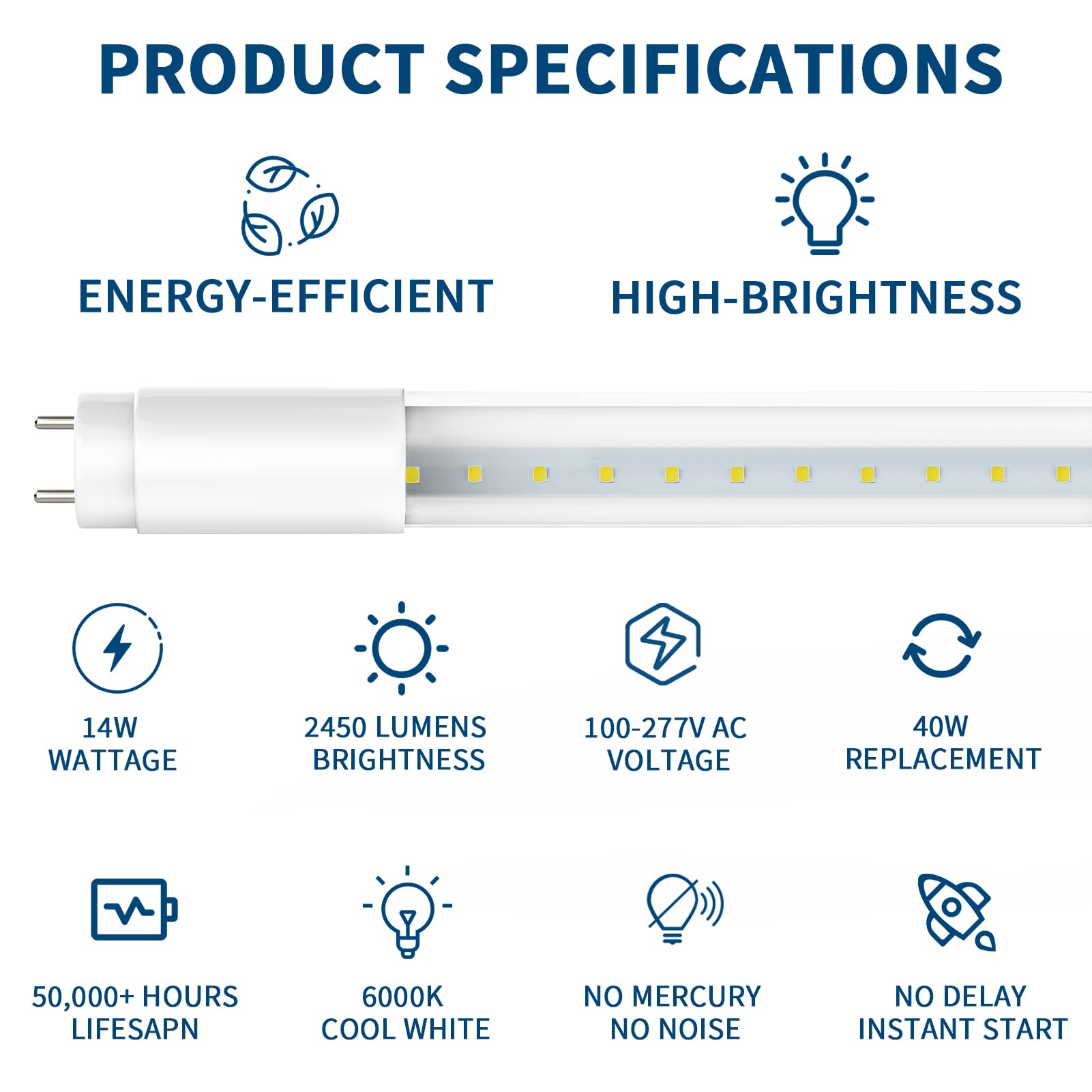 JESLED 10-Pack 4FT T8 LED Tube Lights - 14W 2450LM 6000K Daylight Super Bright - Dual Mode (Plug & Play/Ballast Bypass) - Frosted Cover Fluorescent Replacement - Type A+B LED Bulbs for Garage, Warehouse & Office Lighting