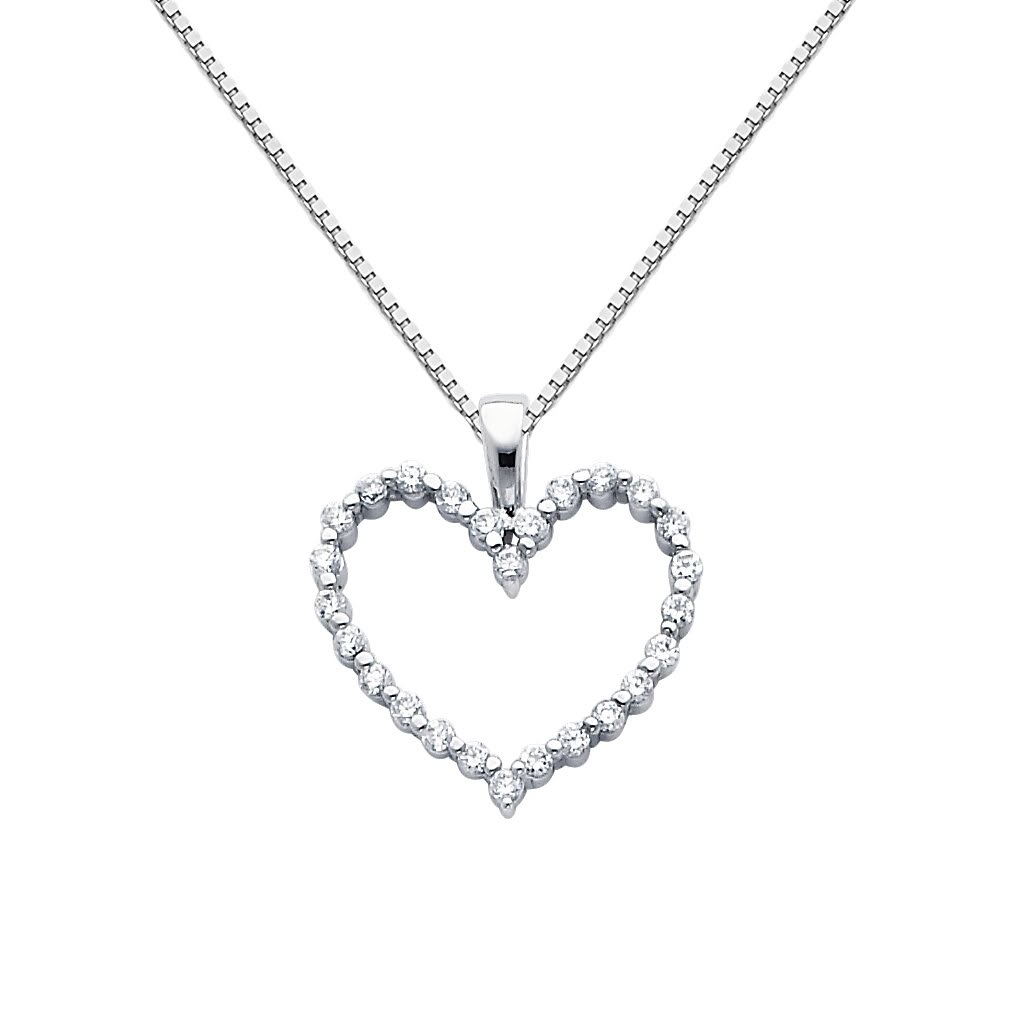 14K Real White Gold Open Heart CZ Pendant with 0.8mm Box Link Chain Necklace - Elegant Jewelry Gift for Women, Perfect for Valentine's Day, Anniversary & Special Occasions