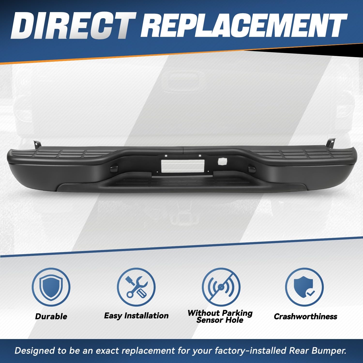 Auto Dynasty Rear Step Bumper Assembly for 1999-2006 Chevy Silverado & GMC Sierra 1500/2500 | 2007 1500 Classic Fleetside/Styleside | Black Powder Coated | w/License Plate Lights | No Parking Sensor Hole | Heavy Duty Truck Accessory for Off-Road & Towing