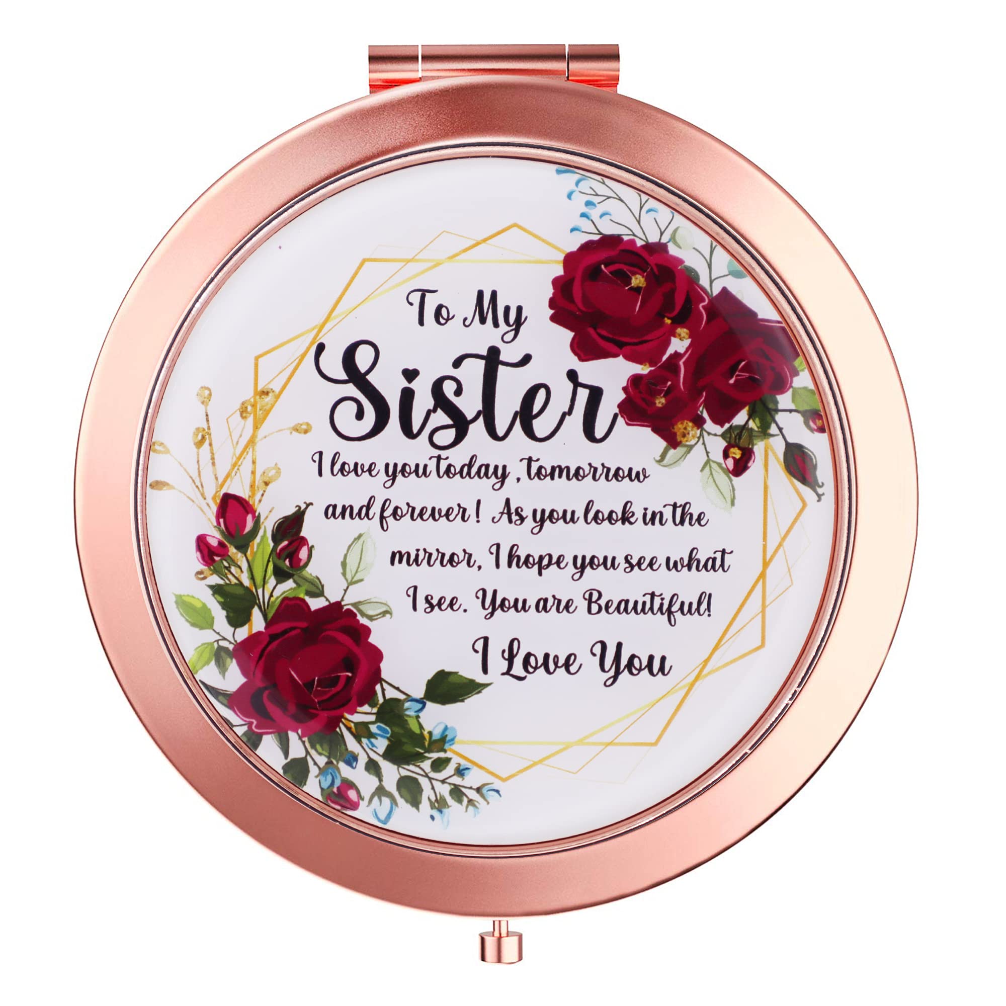OHSunFLower Rose Gold Compact Mirror - Thoughtful Sister Gift for Birthday, Graduation | Engraved 'I Love You' Message | Perfect for Everyday Use, Travel & Special Occasions