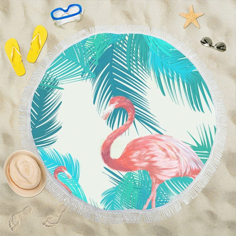Flamingo and Palm Leaf Round Beach Towel - 59 Inch Large Soft Tassel Blanket for Adults & Kids - Perfect for Pool, Beach, Picnic and Outdoor Activities