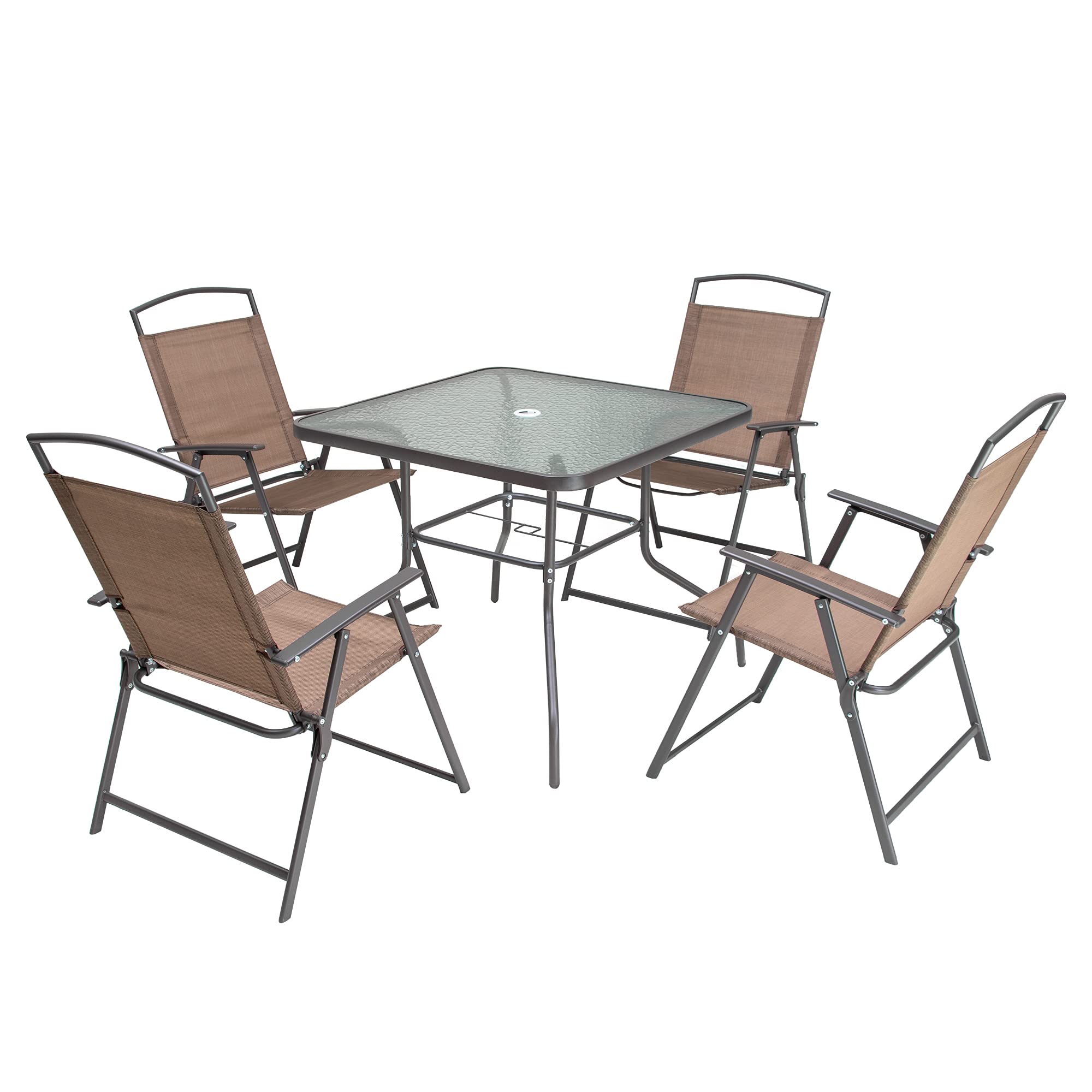 5-Piece Outdoor Dining Set - Metal Patio Table & 4 Folding Chairs with Square Glass Top & Umbrella Hole - Brown Garden Furniture for Balcony, Porch, Deck, Lawn - Perfect for Backyard BBQs & Summer Entertaining