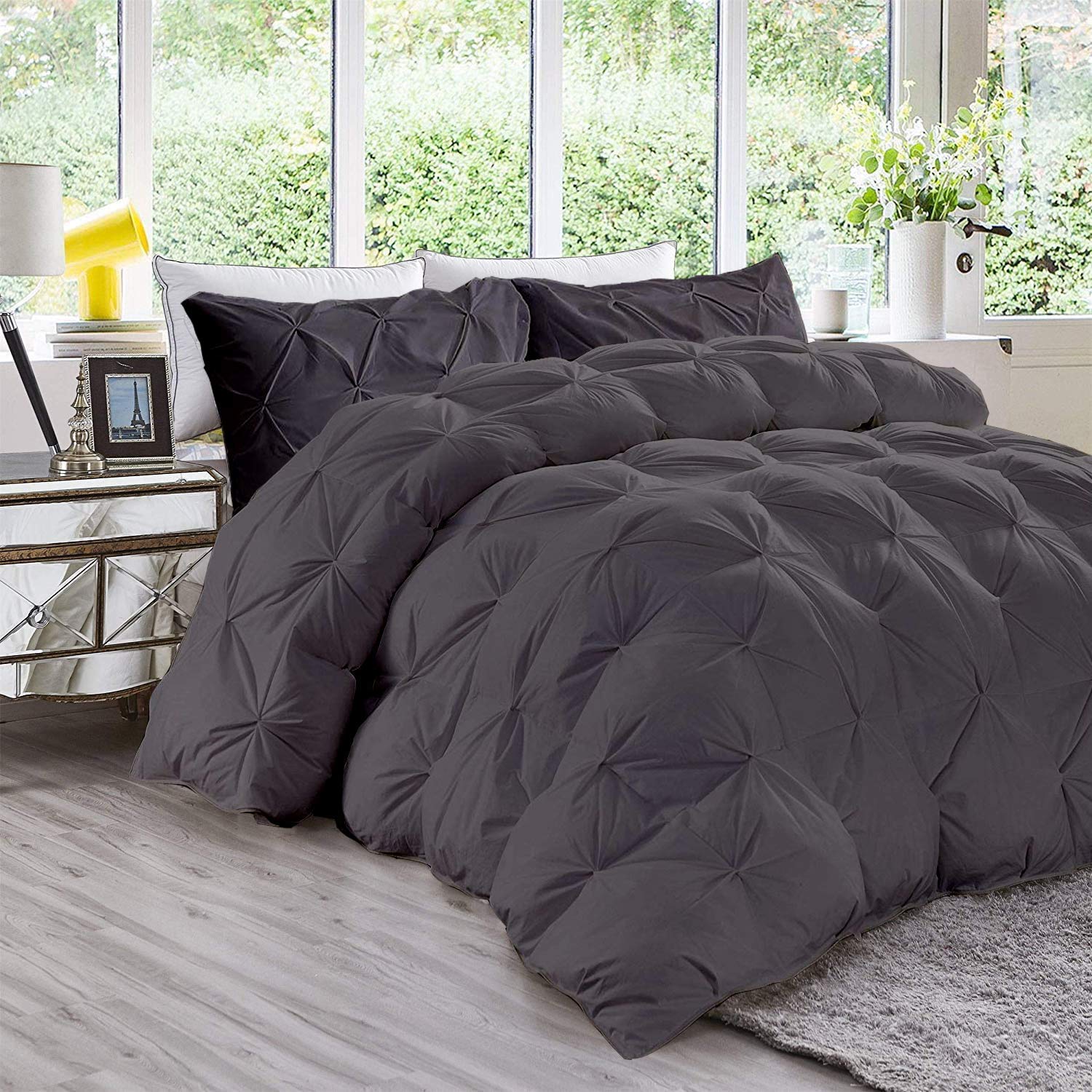 All-Season 600 GSM 3-Piece Quilted Pinch Pintuck Pleated Comforter Set (Comforter + 2 Pillowcases) - 1000 Thread Count Egyptian Cotton Duvet Insert - Full/Queen Size, Dark Grey - Perfect for Master Bedroom, Guest Room & Cozy Winter Nights