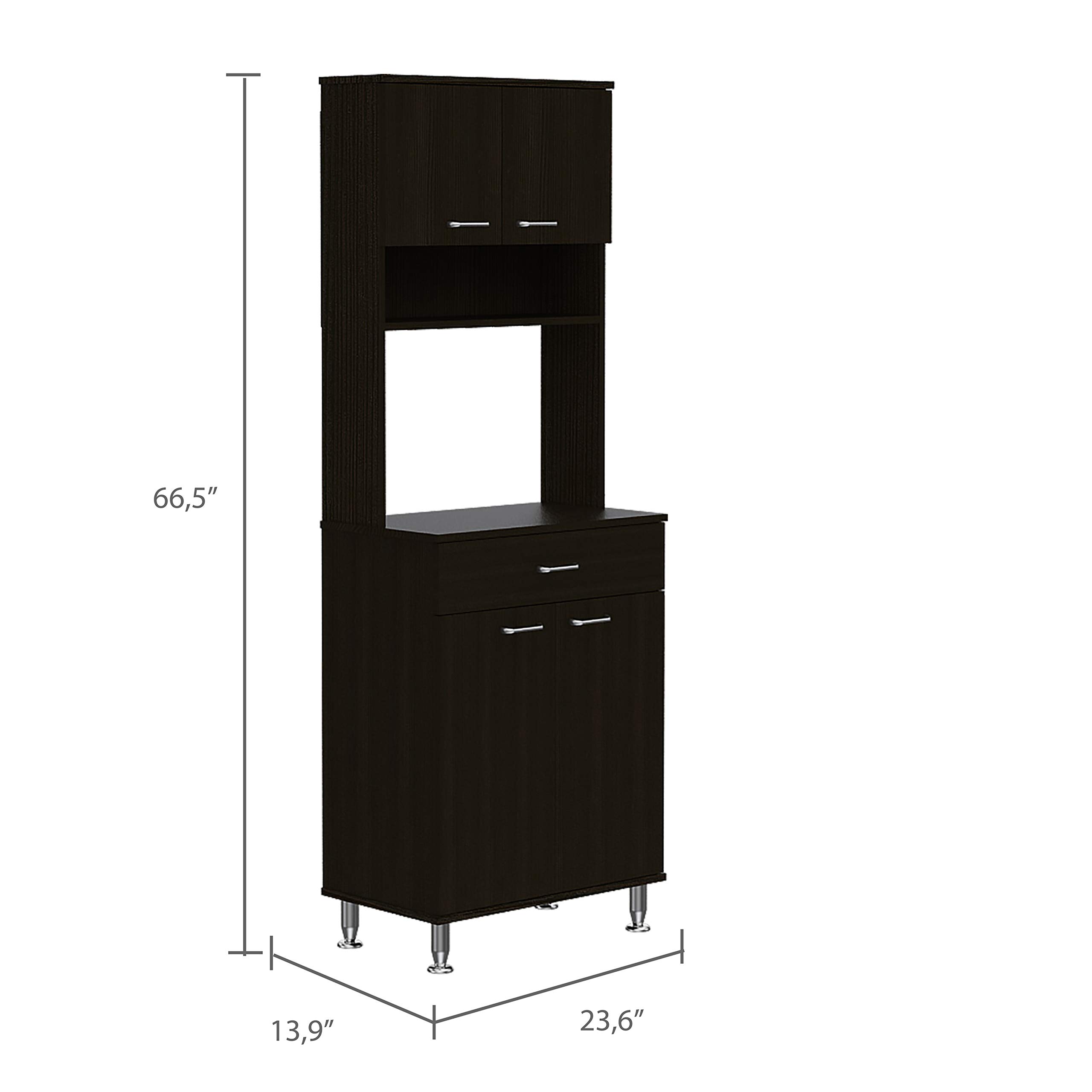 Bay Area Pantry with 2 Double Door Cabinets, Drawer & 2 Open Shelves - 4 Metal Legs, Black Wenge Finish for Kitchen Storage & Organization
