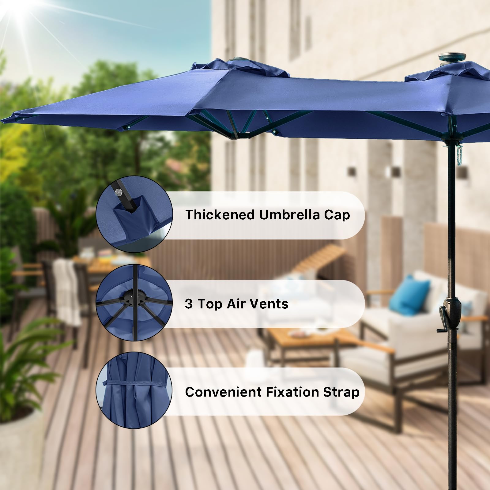 FREE SOLDIER 13ft Solar LED Patio Umbrella with 36 Lights - Double Sided Outdoor Table Umbrella for Garden, Yard, Pool - Navy Blue | Perfect for Backyard BBQs, Beach Parties & Outdoor Dining