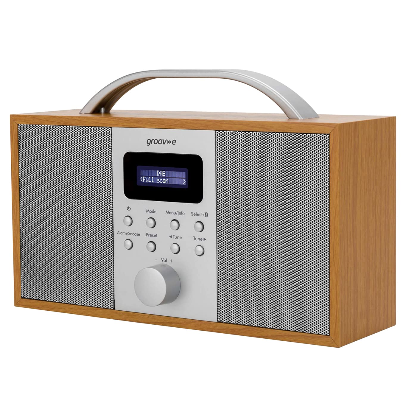 Groov-e Boston Wooden DAB & FM Digital Radio with Bluetooth, Alarm Clock, LCD Display - Portable Wireless Radio for Home, Office, Travel - 40 Preset Stations, Dynamic Range Control - Battery or Mains Powered