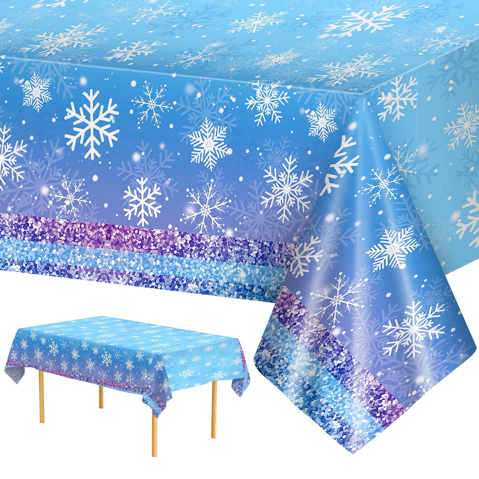 2 Pack Winter Snowflake Plastic Tablecloth - Disposable Frozen Themed Table Cover, Purple & Blue Rectangle Holiday Decor for Christmas Parties, Winter Wonderland Theme (54x108 Inches) | Perfect for Holiday Dinners, Buffet Tables, and Seasonal Home Decorations