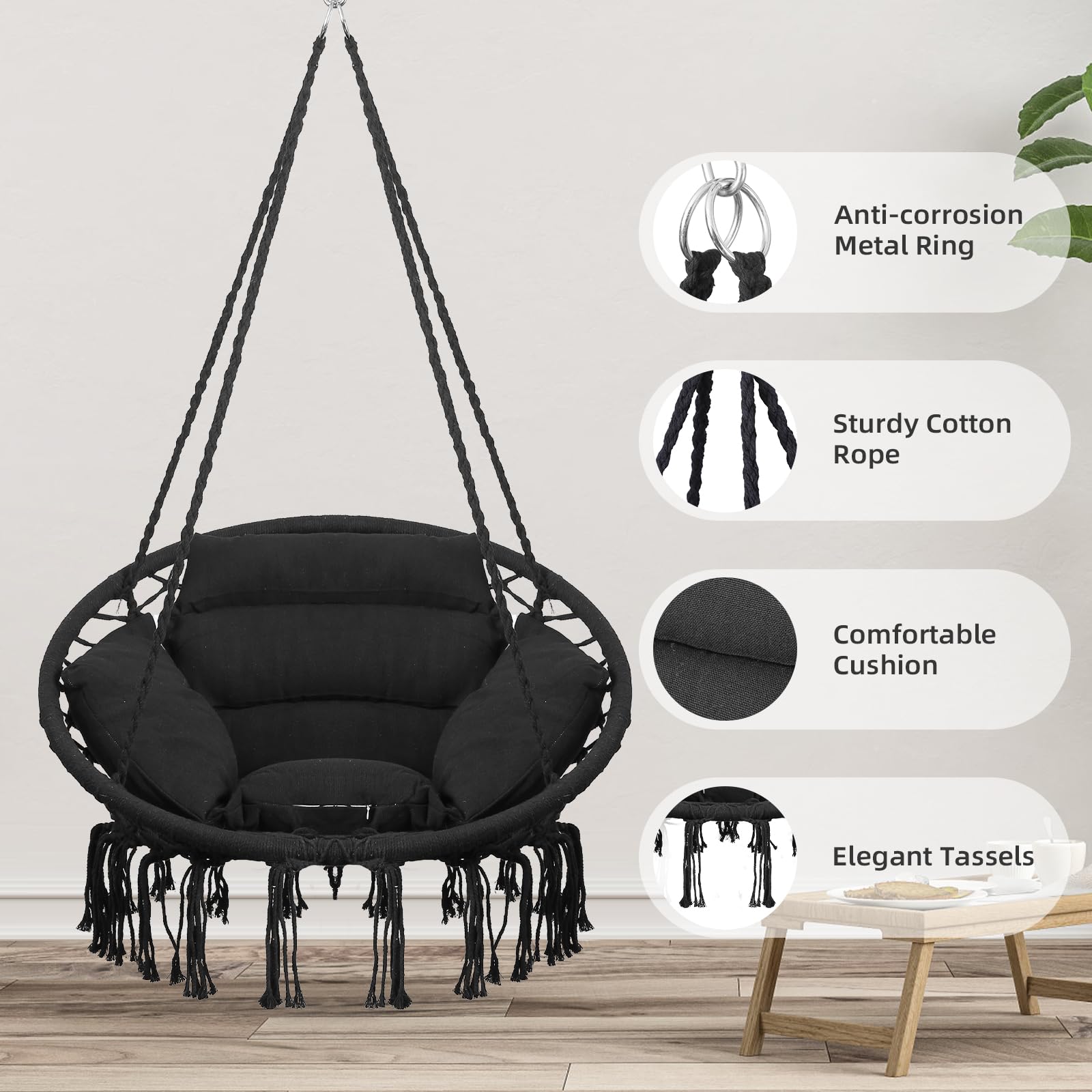 Goutime Macrame Boho Hammock Chair with Hanging Hardware Kit & Back Cushion - Indoor Outdoor Swing Chair for Bedroom, Patio, Garden, Balcony (Black) - Perfect for Relaxing, Reading & Decor