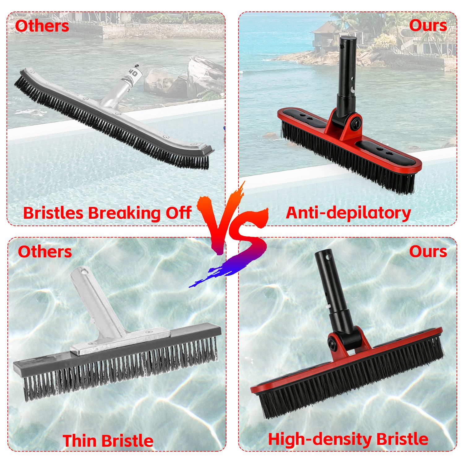 Heavy-Duty Pool Brush Head for Inground Pools - Durable Pool Scrub Brush with Reinforced Bristles for Cleaning Pool Walls and Floors - Red Plastic Swimming Pool Cleaning Brush - Perfect for Weekly Pool Maintenance and Deep Cleaning
