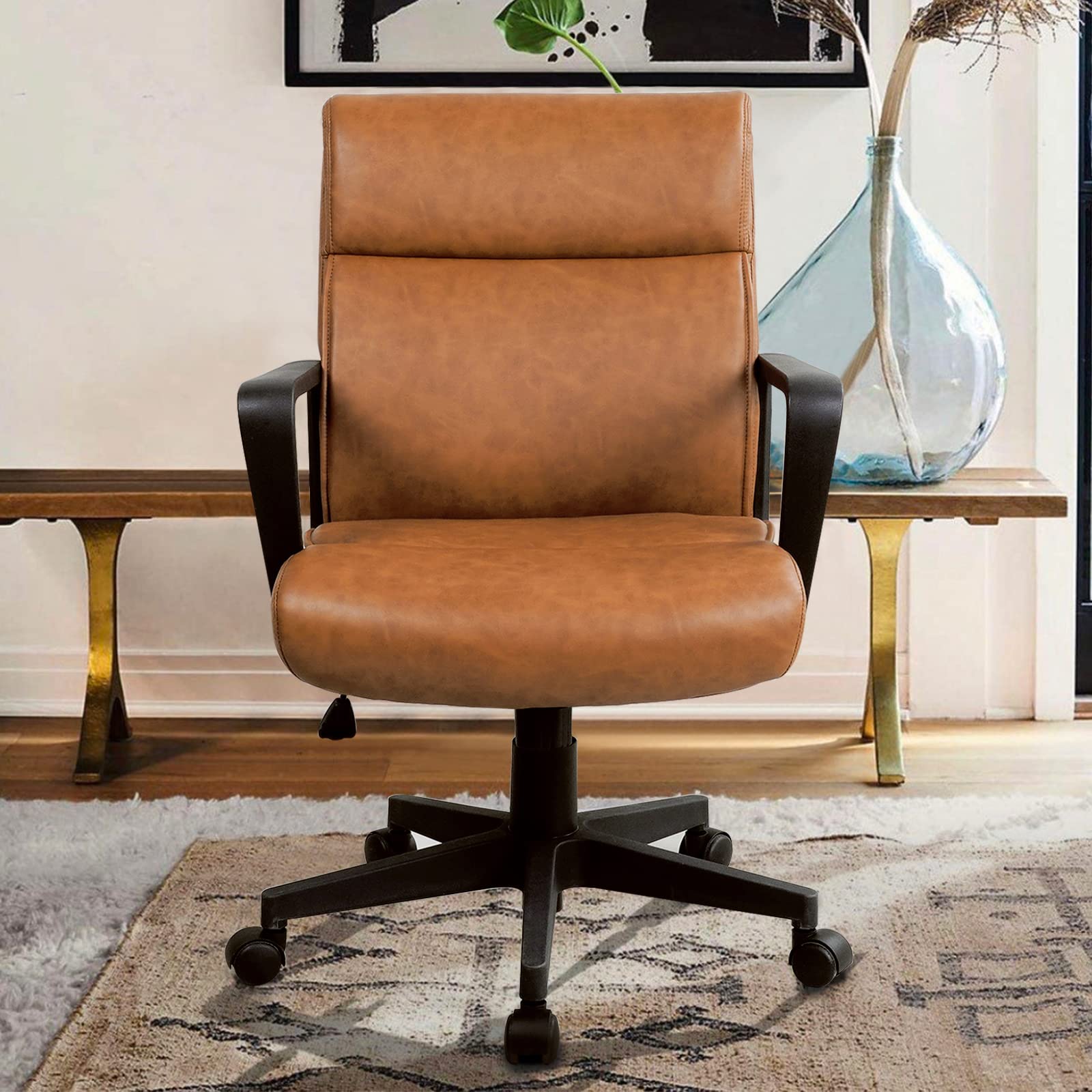 Premium Brown Leather Office Chair with Wheels - Mid Back Ergonomic Desk Chair for Home & Office - Stylish Mid Century Modern Design for Comfortable Workspaces