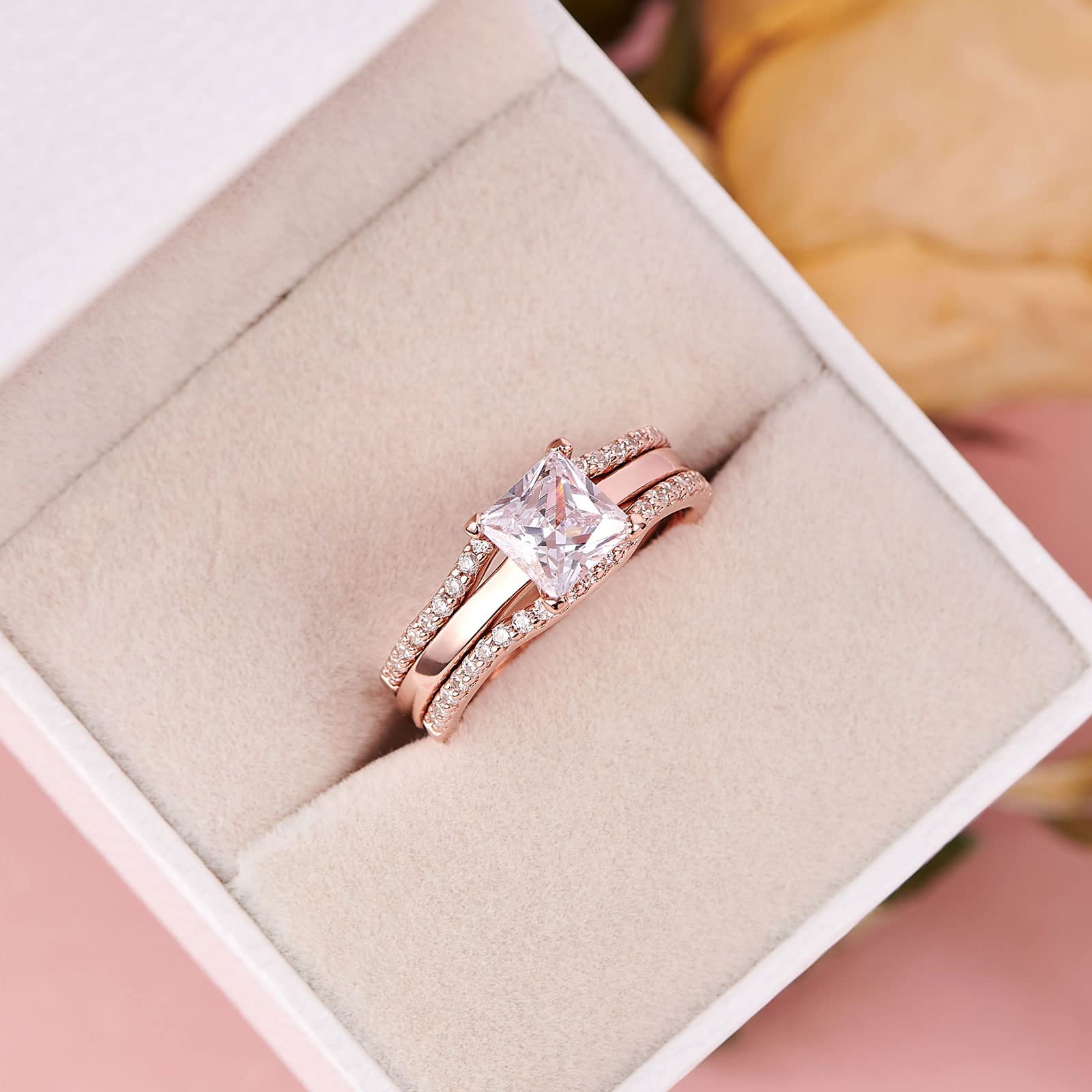 SHELOVES Solitaire Princess CZ Engagement Ring Set with Wedding Band & Ring Enhancer - Sterling Silver Size 5-12 - Perfect for Proposals, Anniversaries & Bridal Jewelry