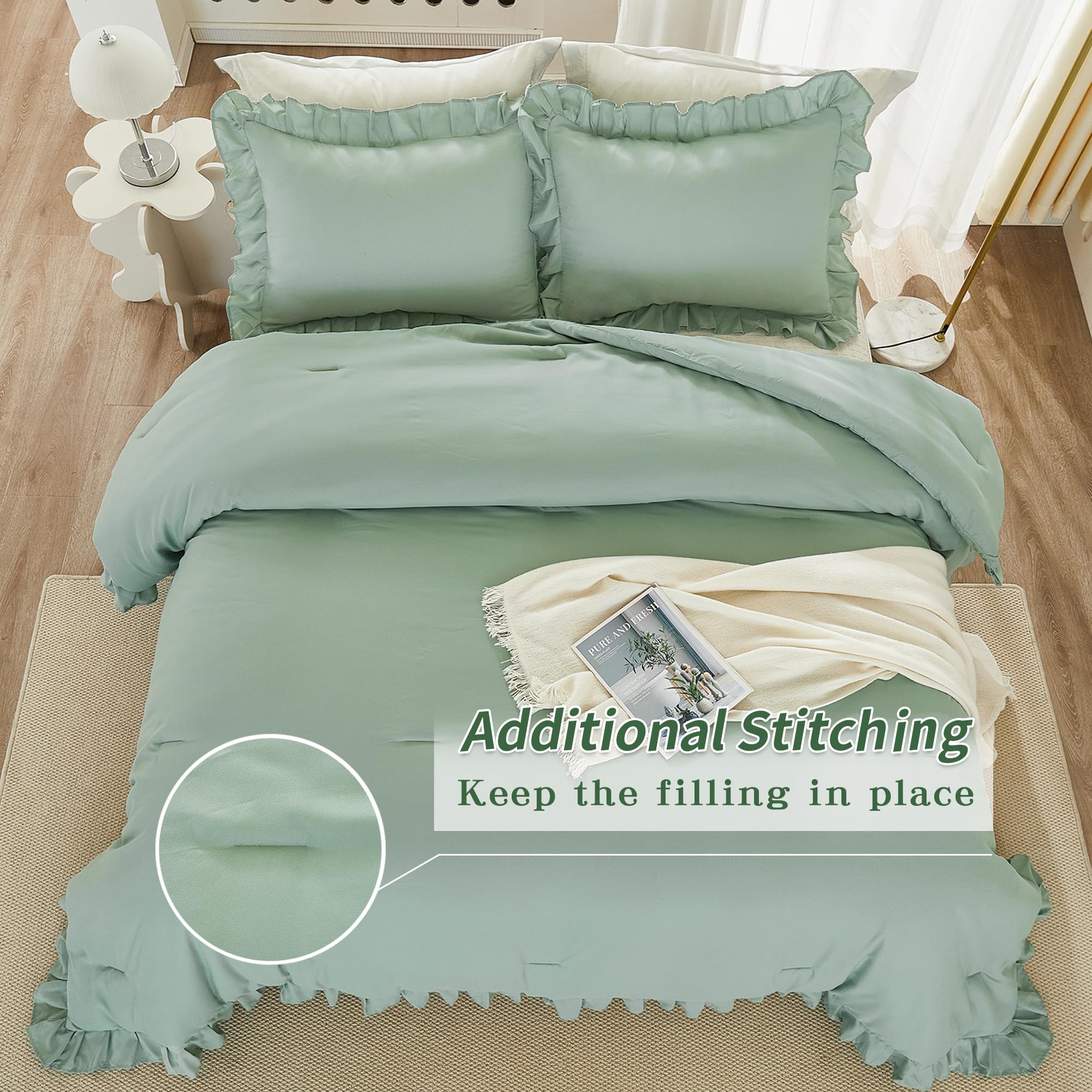 Andency Sage Green Comforter Set Full 3-Piece - Lightweight Soft Ruffle Bedding, Farmhouse Rustic Fluffy Microfiber Down Alternative Comforter (79x90 Inches) - Perfect for Guest Rooms, Master Bedrooms & Cozy Farmhouse Decor