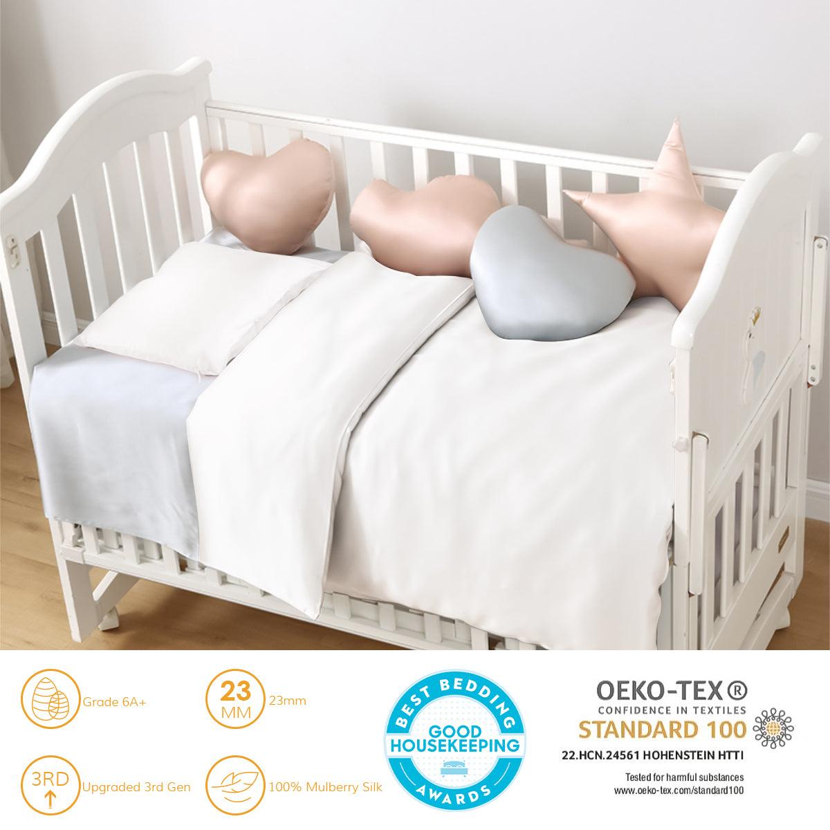 Premium 23mm 6A+ Grade 100% Mulberry Silk Crib Duvet Cover Set - 2 Piece Baby & Toddler Bedding with Free Laundry Bag | Ultra Soft Breathable Nursery Bedding for Newborns, Infants & Kids | Perfect for Nursery, Daycare & Travel