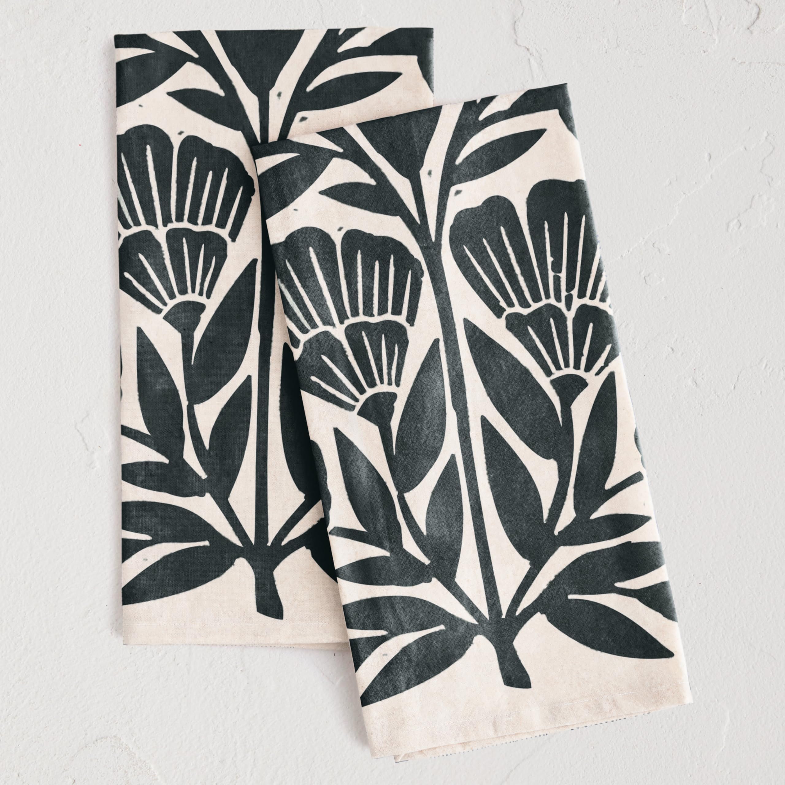 Premium Cotton Block Print Floral Tea Towel Set of 2 - Absorbent Kitchen Towels with Unique Designs & Hanging Loop - Perfect for Drying Dishes, Decorating Kitchen, and Hosting Tea Parties