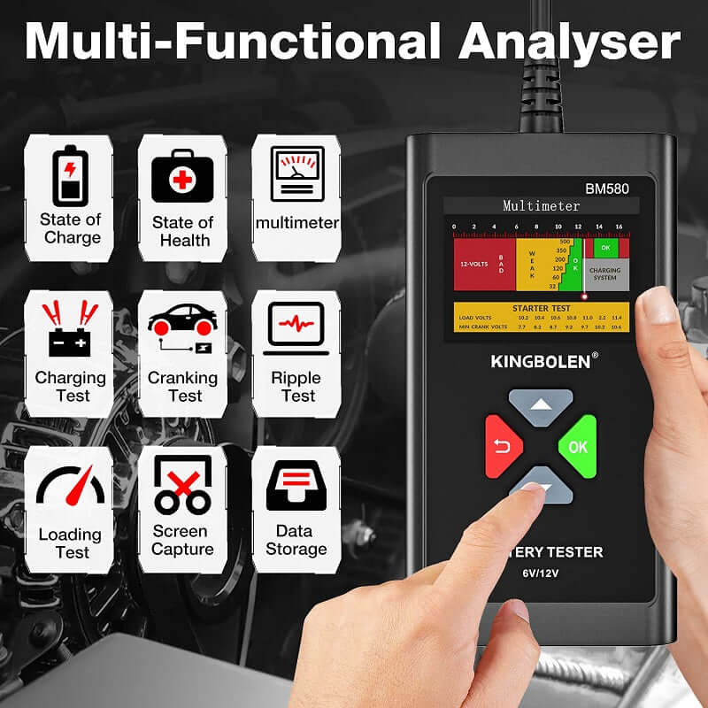 KINGBOLEN® BM580 6V 12V Car Battery Tester - Digital Automotive Battery Analyzer for Cars, Trucks, Motorcycles, RVs & Boats - Perfect for Home Mechanics & Auto Shops