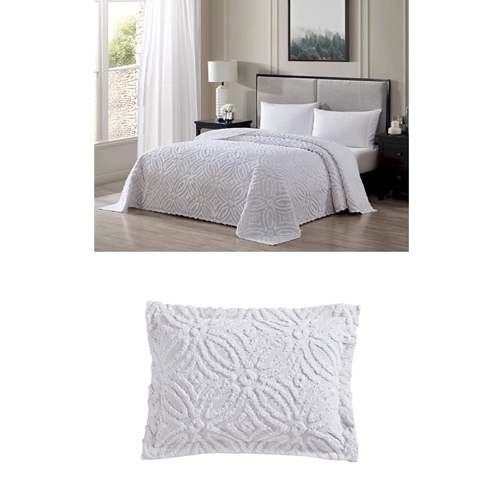 Beatrice Home Fashions King Size White Wedding Ring Chenille Bedspread Set with 2 Standard Pillow Shams - Luxury Bedding for Master Bedroom, Guest Room & Bridal Suite Decor