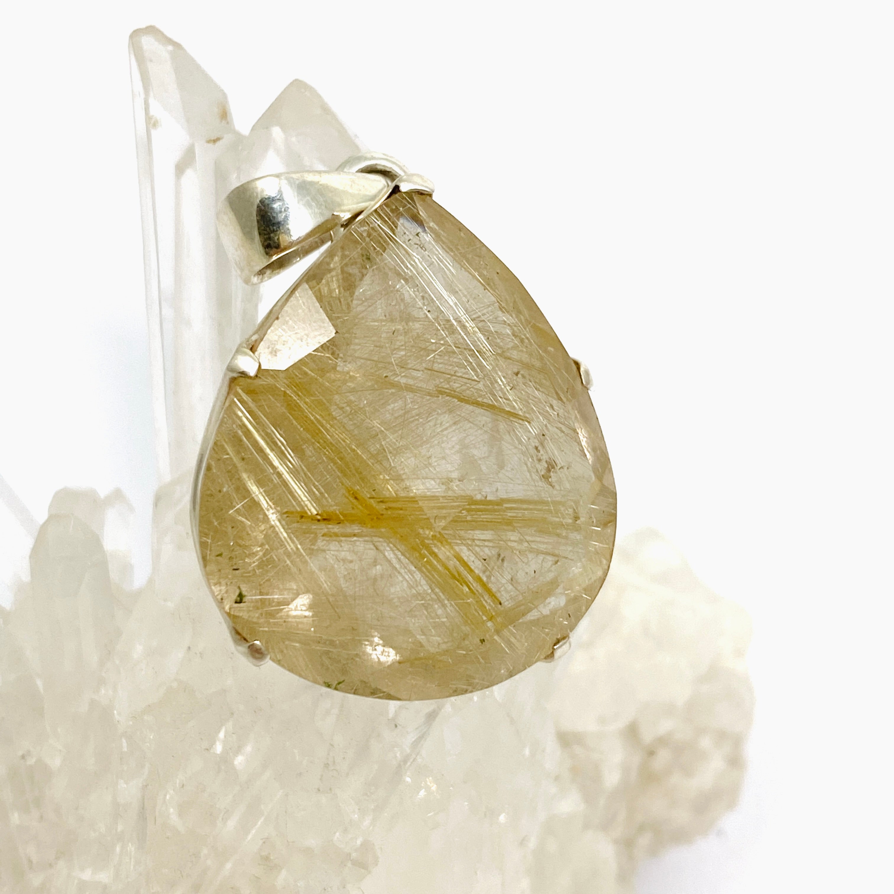 Golden Rutile Quartz Teardrop Faceted Pendant Necklace - Checkerboard Cut Gemstone Jewelry for Women - Perfect for Elegant Evening Wear & Boho Fashion