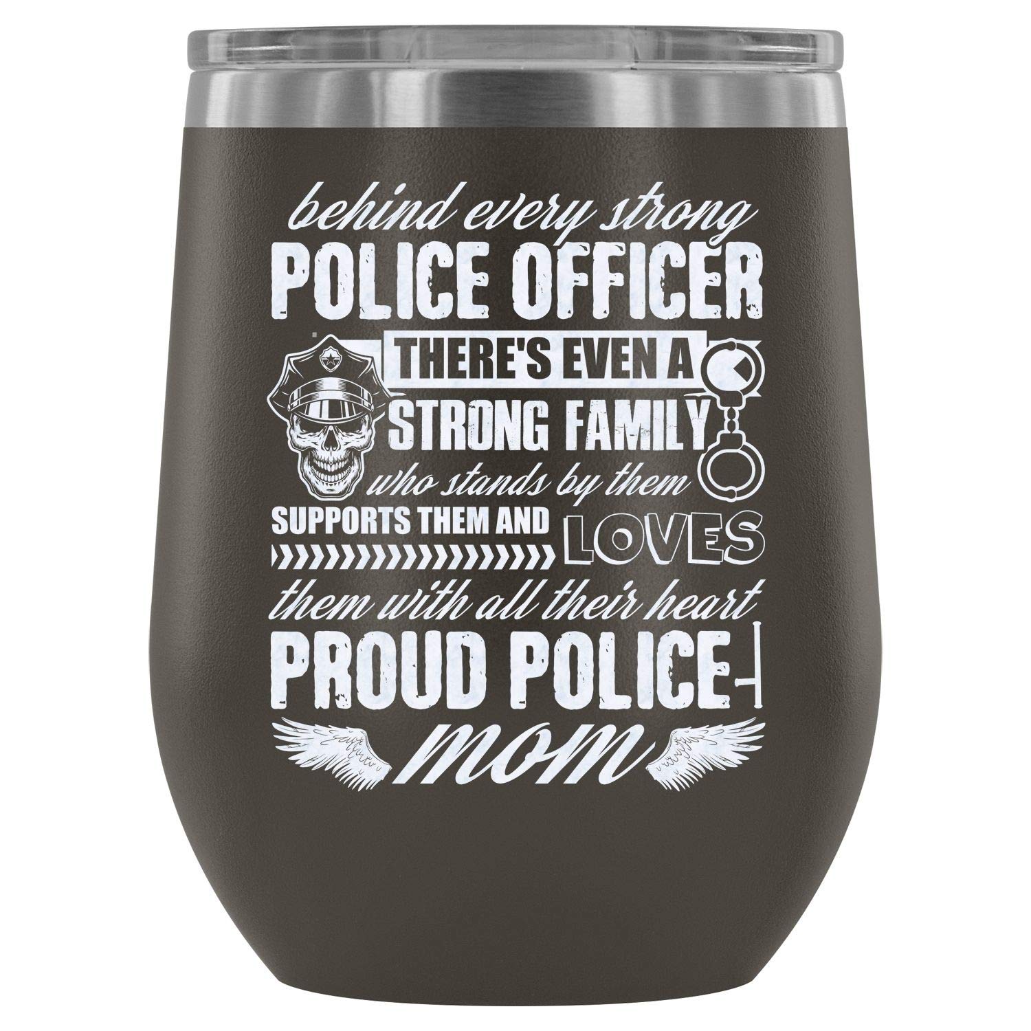 Stainless Steel Vacuum Insulated Wine Tumbler with Lid - 12Oz Pewter Police Mom Gift - Keeps Drinks Hot/Cold for Hours - Perfect for Coffee, Wine & Outdoor Activities