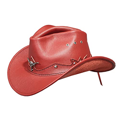 Authentic Country Cowboy Red Leather Hat - Genuine Leather, Large Size for Men & Women - Perfect for Rodeo, Western Parties & Outdoor Adventures
