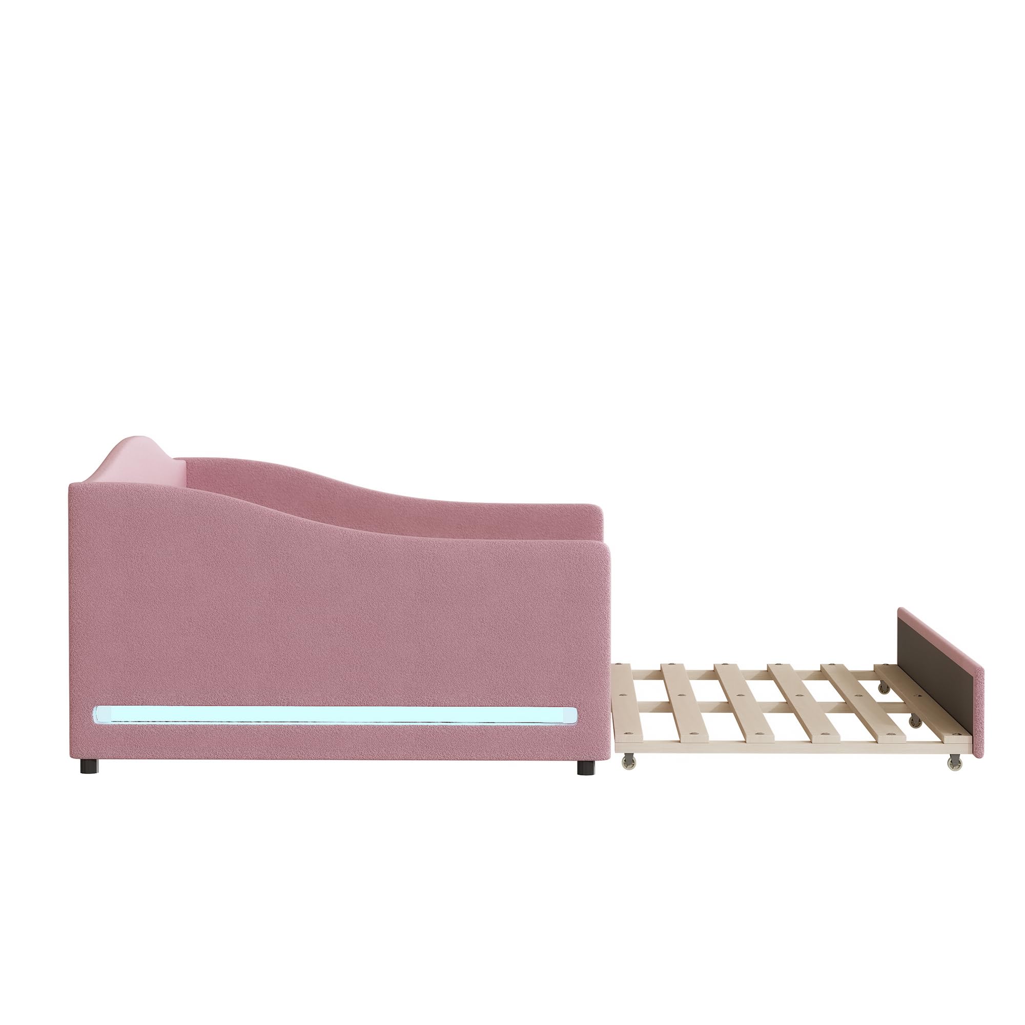 Harper & Bright Designs Full Size Daybed with Trundle - Upholstered Teddy Fleece Sofa Bed Frame with Light, Convertible Daybed for Bedroom, Living Room & Guest Room (Pink) | Perfect for Small Spaces, Sleepovers & Cozy Reading Nooks