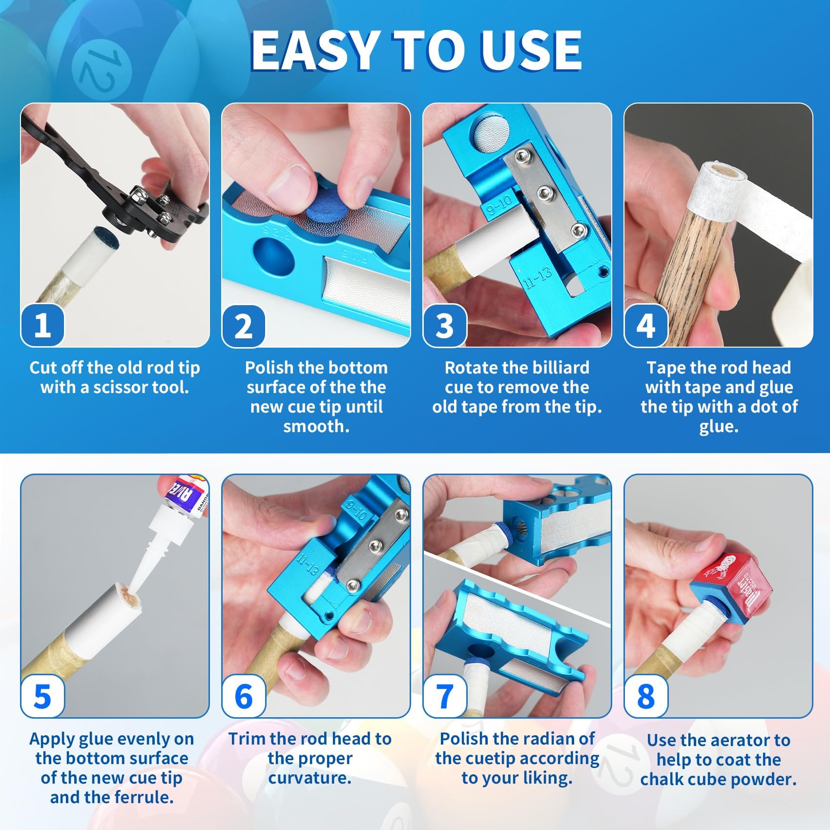 11-in-1 Aluminum Alloy Pool Cue Tip Shaper Tool Kit – Professional Billiards Accessories for Shaping & Replacing Cue Tips – Perfect for Home, Bar, and Tournament Use