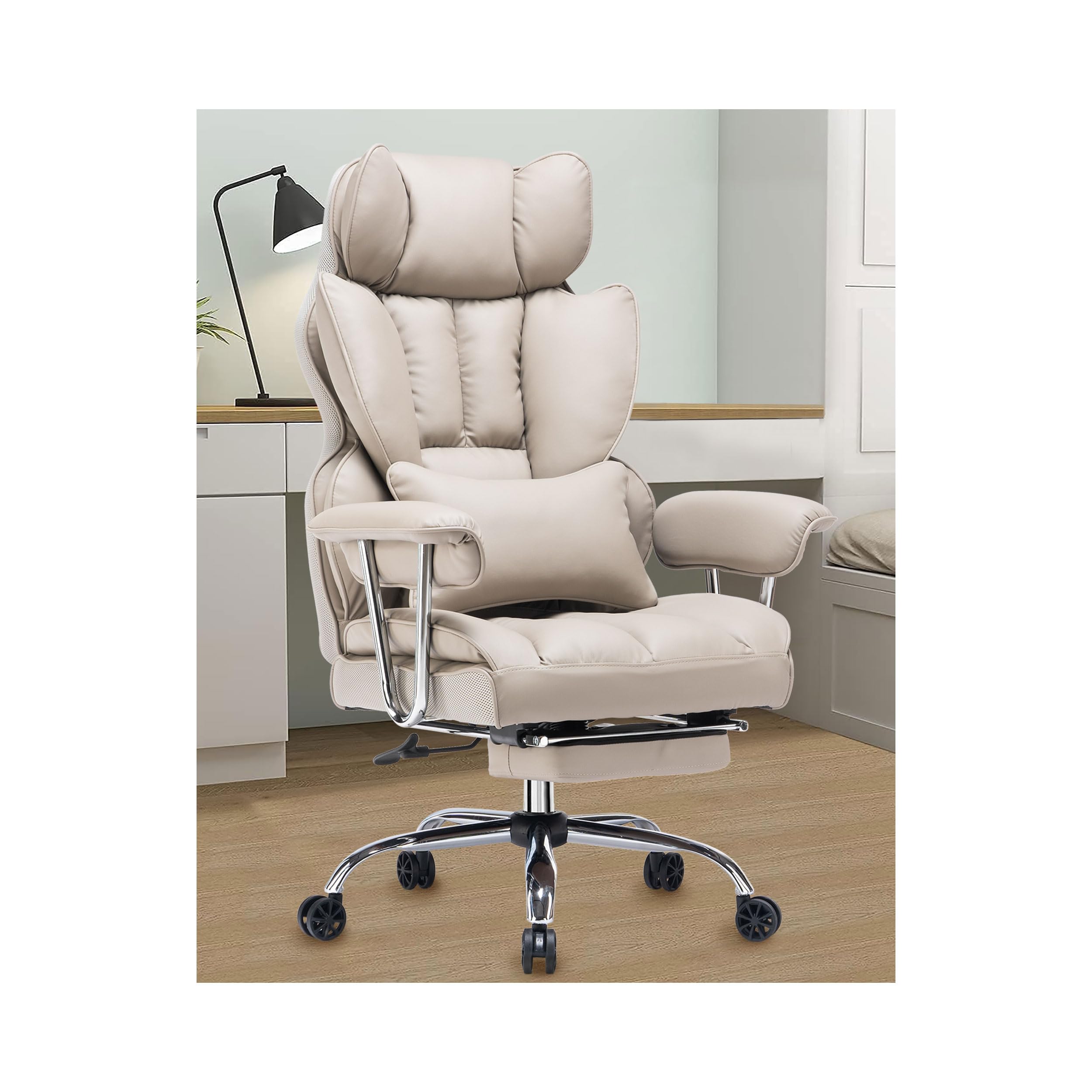 Efomao 400LBS Heavy Duty Executive Office Chair - Big and Tall PU Leather Computer Desk Chair with Adjustable Lumbar Support & Footrest - Grey Ergonomic Swivel Chair for Home Office, Gaming, and Workspace