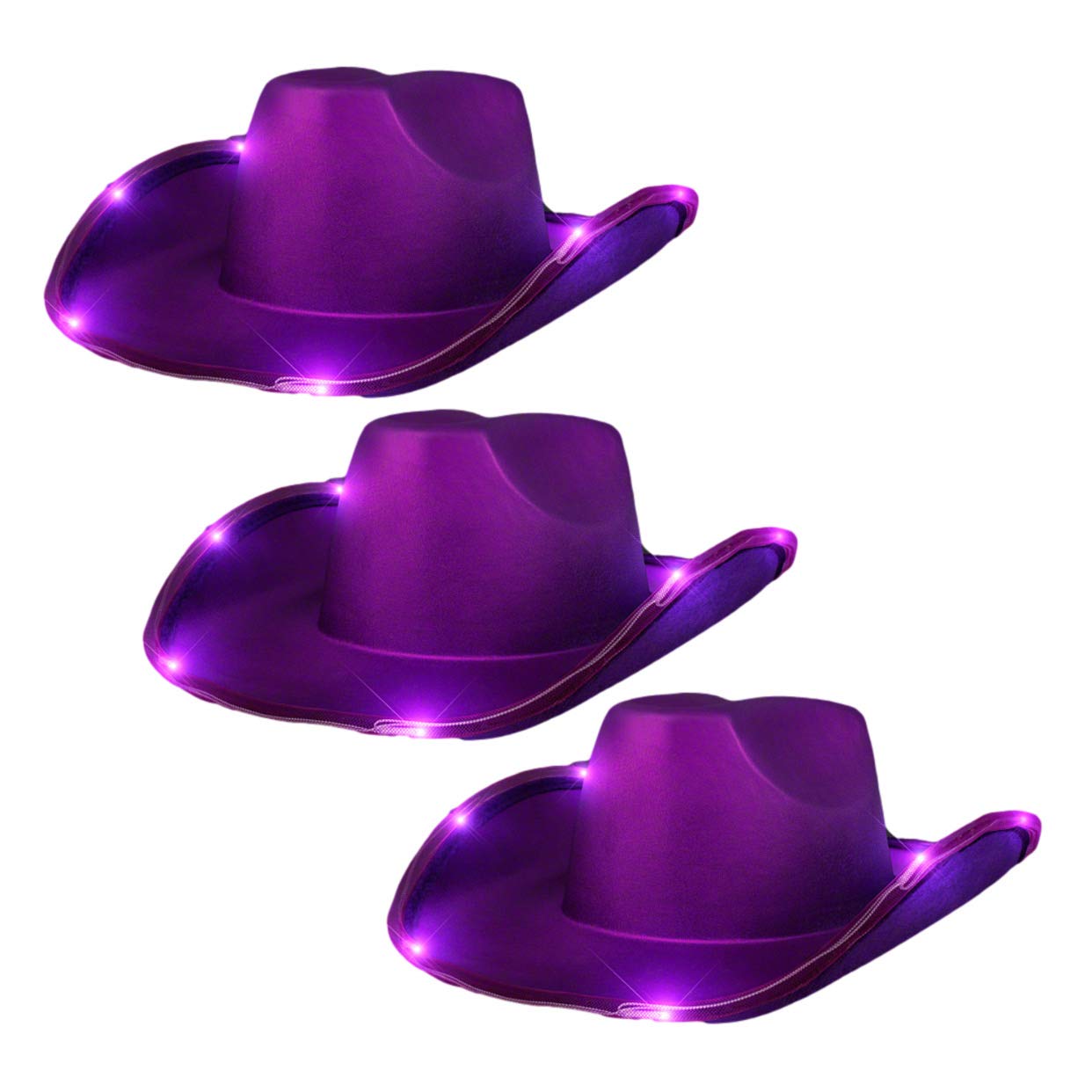 3 Pack LED Light Up Purple Shiny Satin Cowboy Hat - Metallic Space Party Hat with Deep Purple Lights for Raves, Concerts & Western Themed Events