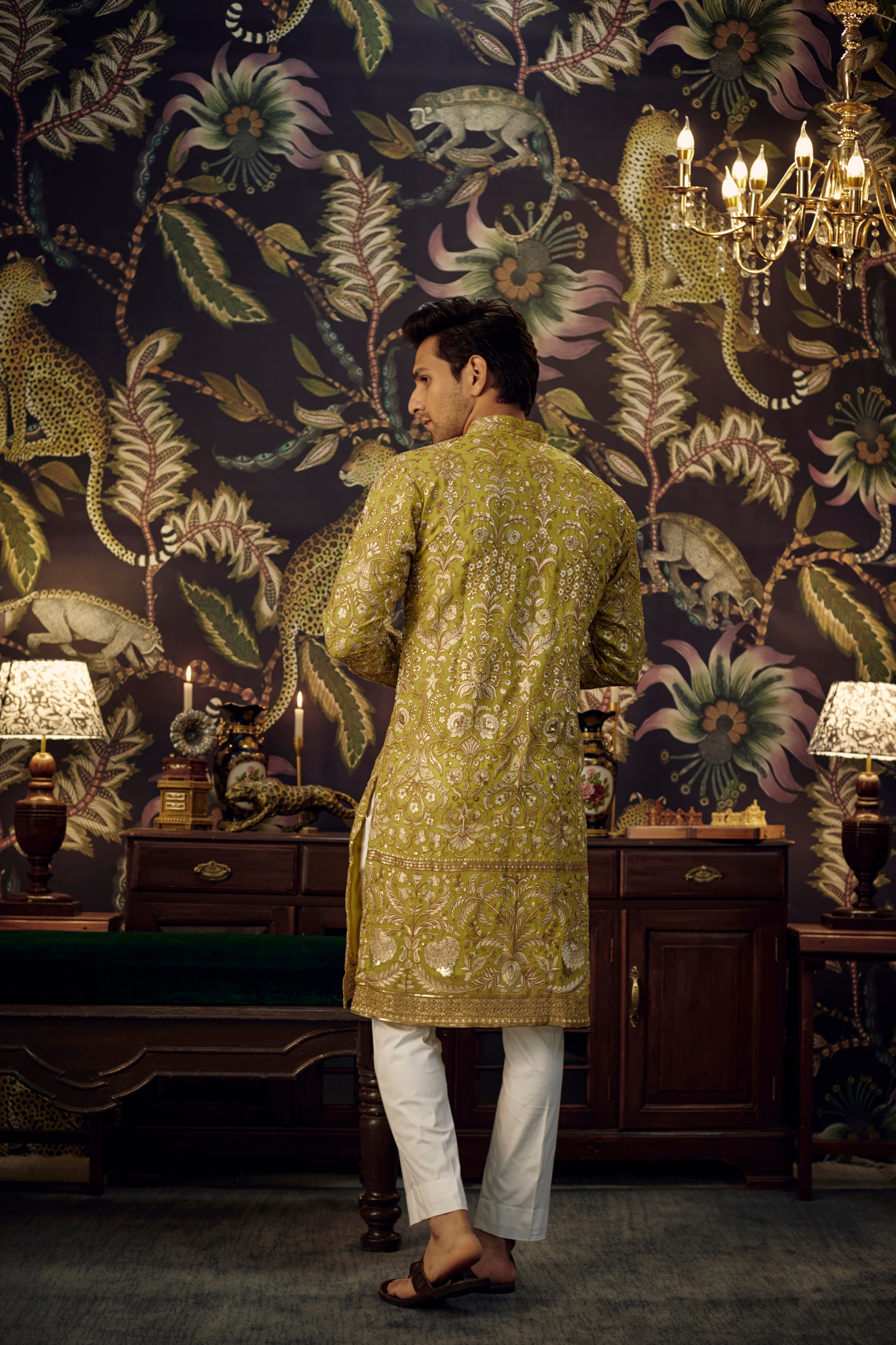 Elegant Neon Green Chikankari Kurta with Intricate Floral Zari Embroidery - Perfect for Festivals, Weddings & Ethnic Parties
