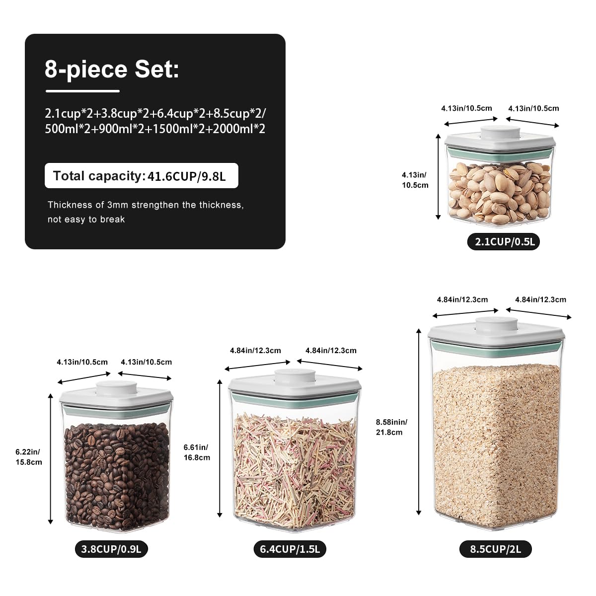 Airtight Food Storage Containers Set - 8-Piece Kitchen Canisters with Secure Lids for Cereal, Nuts, Sugar & Candy | Perfect for Pantry Organization & Kitchen Storage | Ideal for Meal Prep, Baking & Snack Organization