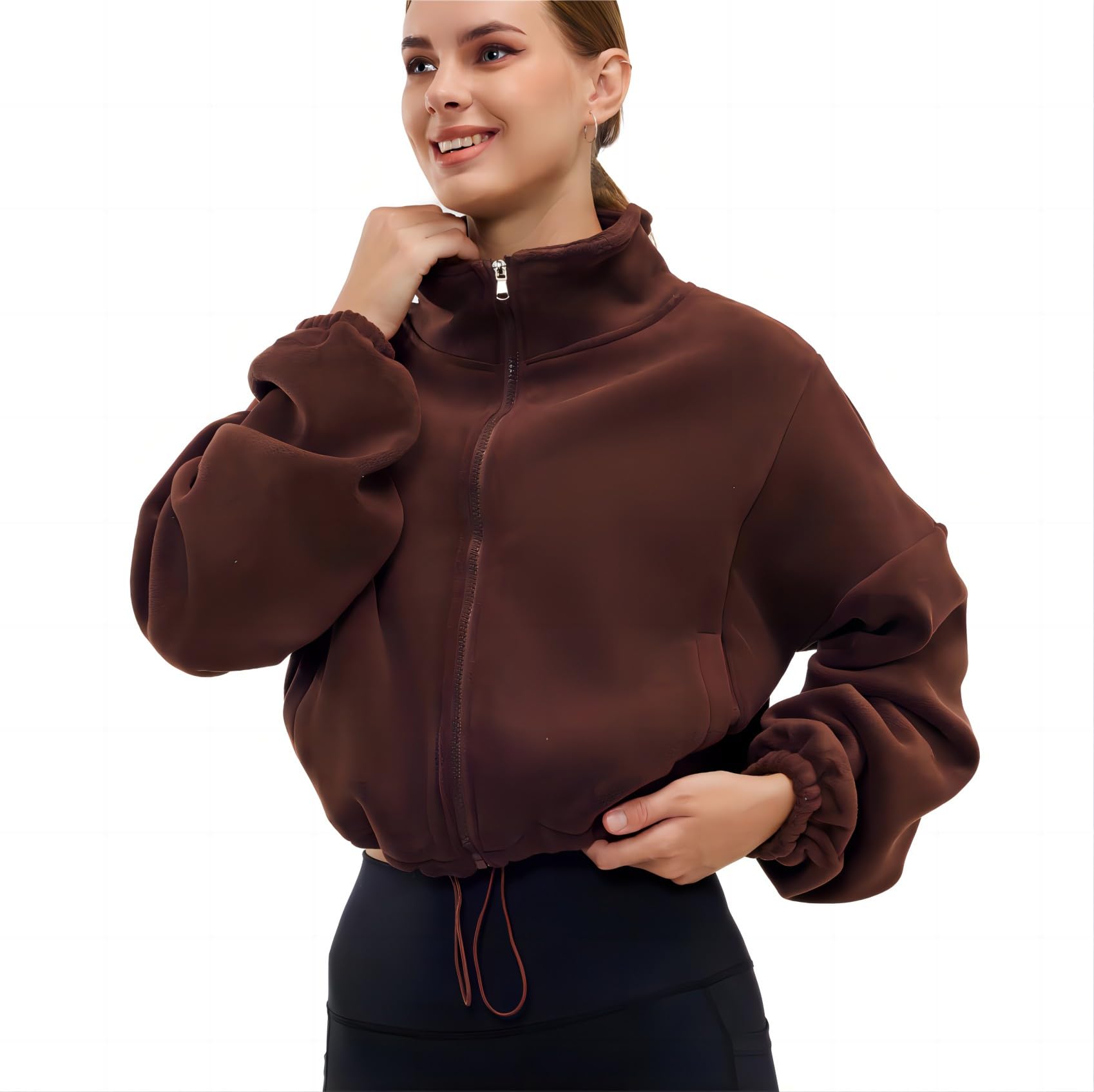 Women's Winter Fleece Sherpa Cropped Oversized Bomber Jacket - Cozy Warm Outerwear for Cold Weather, Streetwear Fashion & Casual Outfits