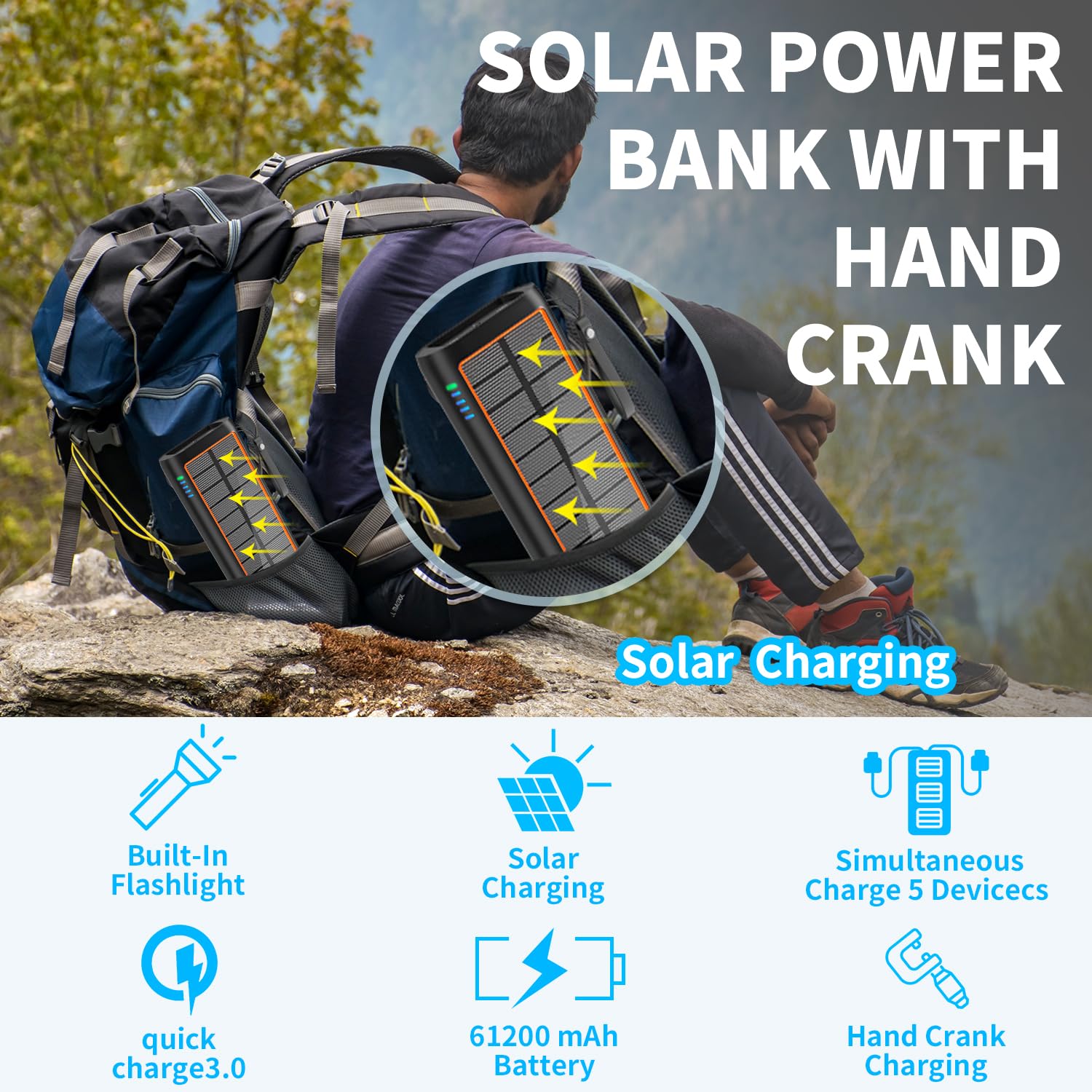 ReeZar 61200mAh Solar Power Bank with Hand Crank - Portable Charger with 4 Built-in Cables, 7 Outputs & 15W Fast Charging for iPhone, Android, Tablets - Emergency SOS Flashlight for Camping, Hiking, Travel