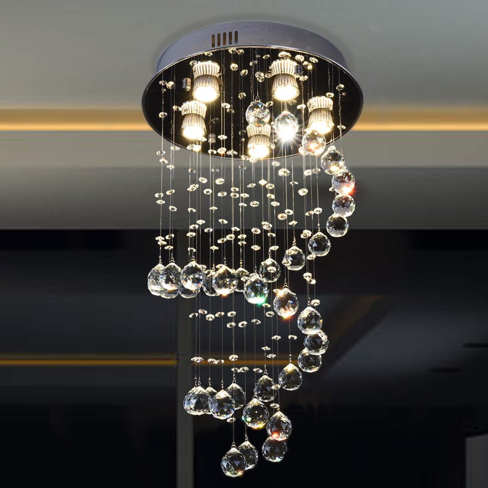 SEFINN FOUR K9 Crystal Chandelier - Modern LED Flush Mount Ceiling Light Fixture with 5 Lights, Spiral Design, 29 Inches Height - Perfect for Dining Room, Bedroom, Kitchen, Entryway and Foyer Lighting | Elegant Home Decor & Wedding Venue Lighting Solution