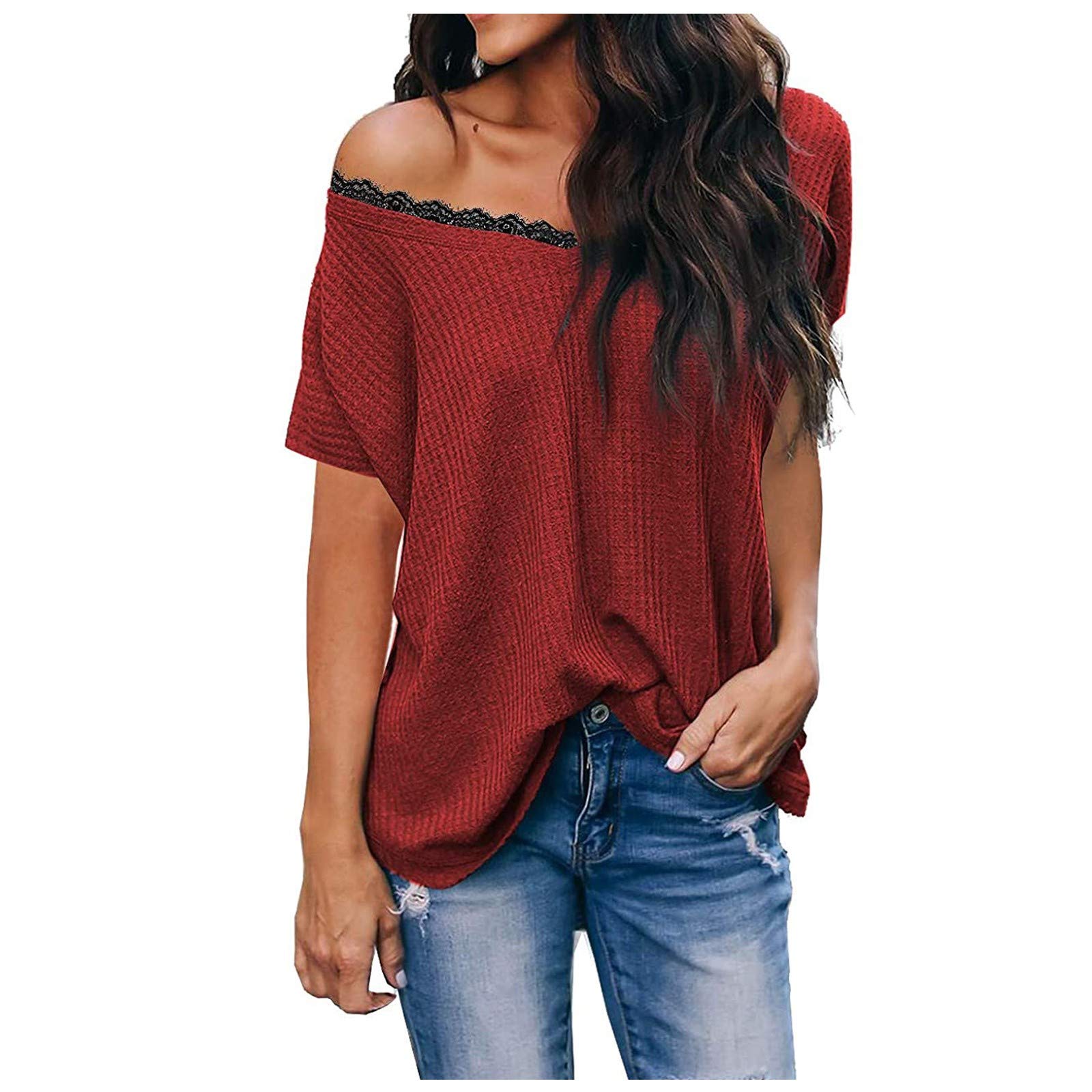 Women's Short Sleeve V-Neck Tunic Top - Summer Waffle Knit Casual T-Shirt with Lace Detail | Perfect for Beach Outings, Date Nights & Office Wear