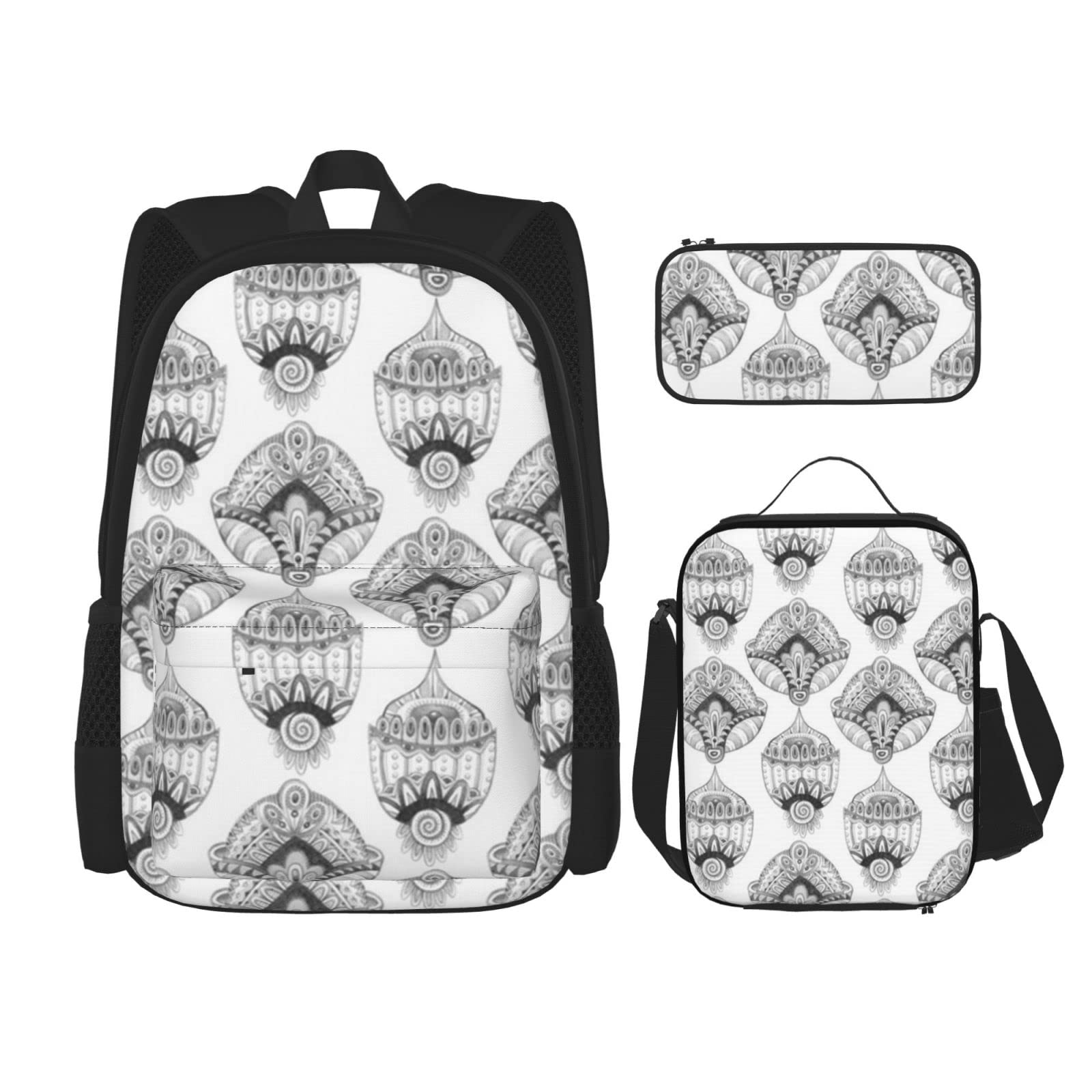 Black and White Watercolor Backpack Set - 3 Piece Book Bag, Travel & Camping Backpack, Work & School Bag with Pencil Case & Lunch Bag for Men, Women, Boys & Girls - Perfect for School, Office, Travel & Outdoor Adventures