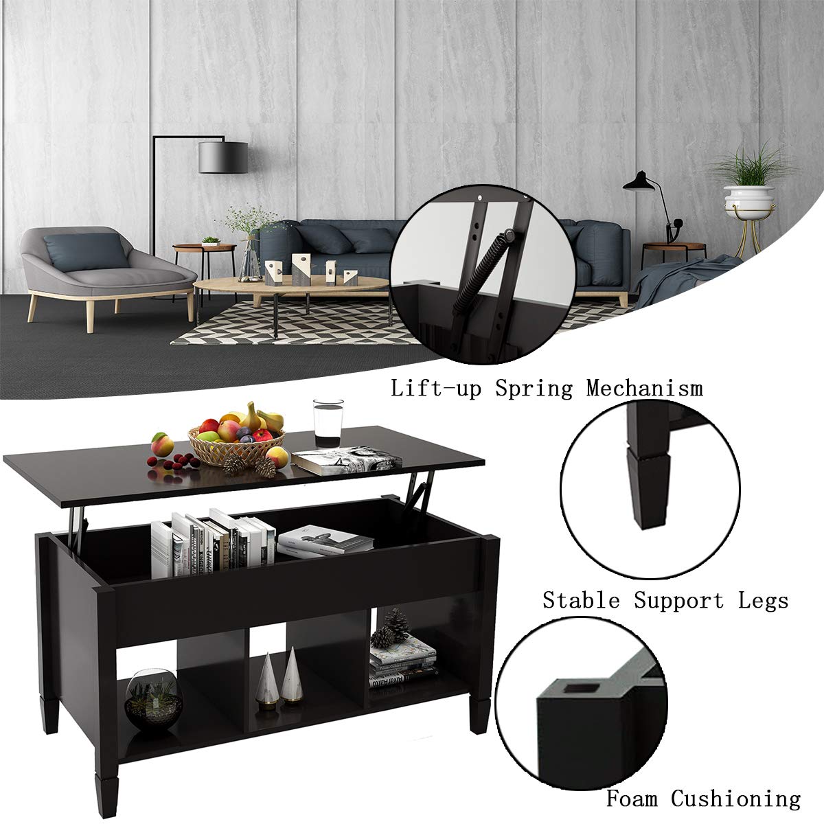 Lift-Up Top Coffee Table with Hidden Storage - Wood & Metal End Table for Living Room, Dining, Office - Convertible Side Table, Computer Desk, Tea Table - Perfect for Small Spaces, Home Decor, and Multi-Functional Use