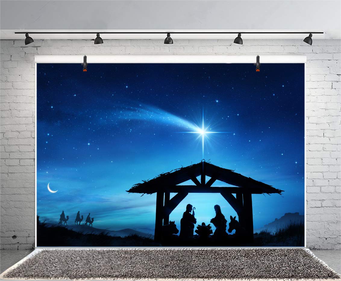 10x7ft Christmas Nativity Scene Backdrop - Birth of Jesus in Stable Manger with Bethlehem Night Stars | Holy Family Religious Photography Background for Church Decor & Christian Photo Props | Perfect for Christmas Pageants, Church Events & Holiday Photography