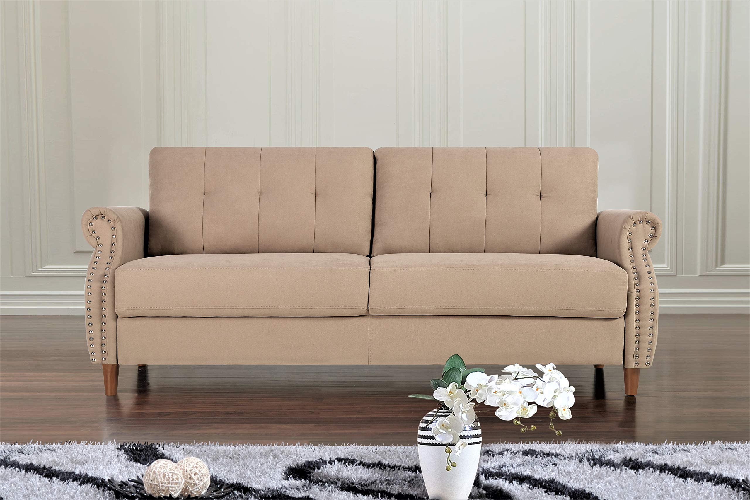 Briscoe Ultra Modern Upholstered Button Tufted Loveseat with Rolled Arms - Coffee Brown Sofa for Living Room | Perfect for Small Spaces, Apartments & Cozy Home Decor
