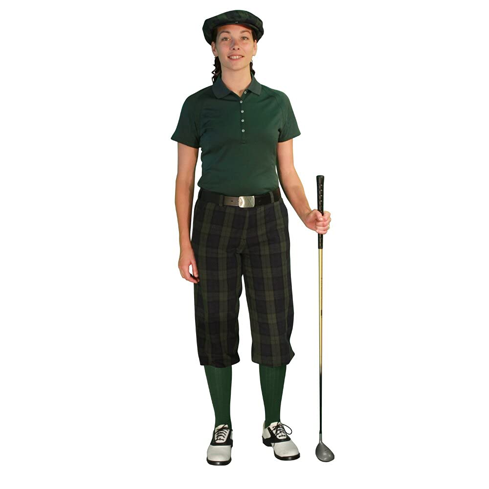 Stewart Collection Ladies Golf Knickers Outfit with Matching Cap & Over-The-Calf Socks - 'Par 5' Black Watch Plaid - Perfect for Golf Tournaments & Country Club Style