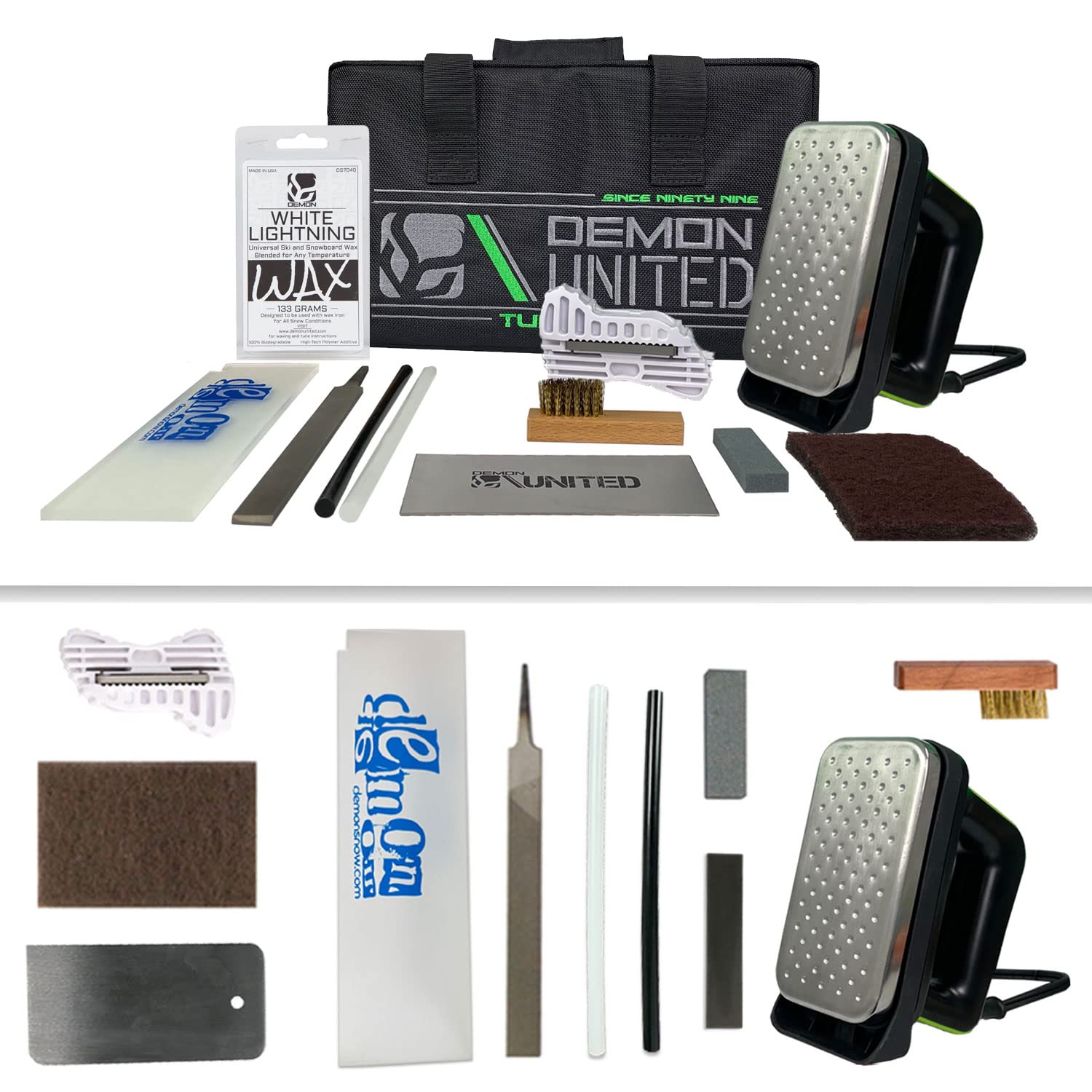 DEMON UNITED Complete Snowboard Tune Up Kit with Waxing Iron, All-Temperature Wax, Base Cleaner & Wall Mount Hangers - Perfect for Winter Sports Maintenance & Snowboard Storage