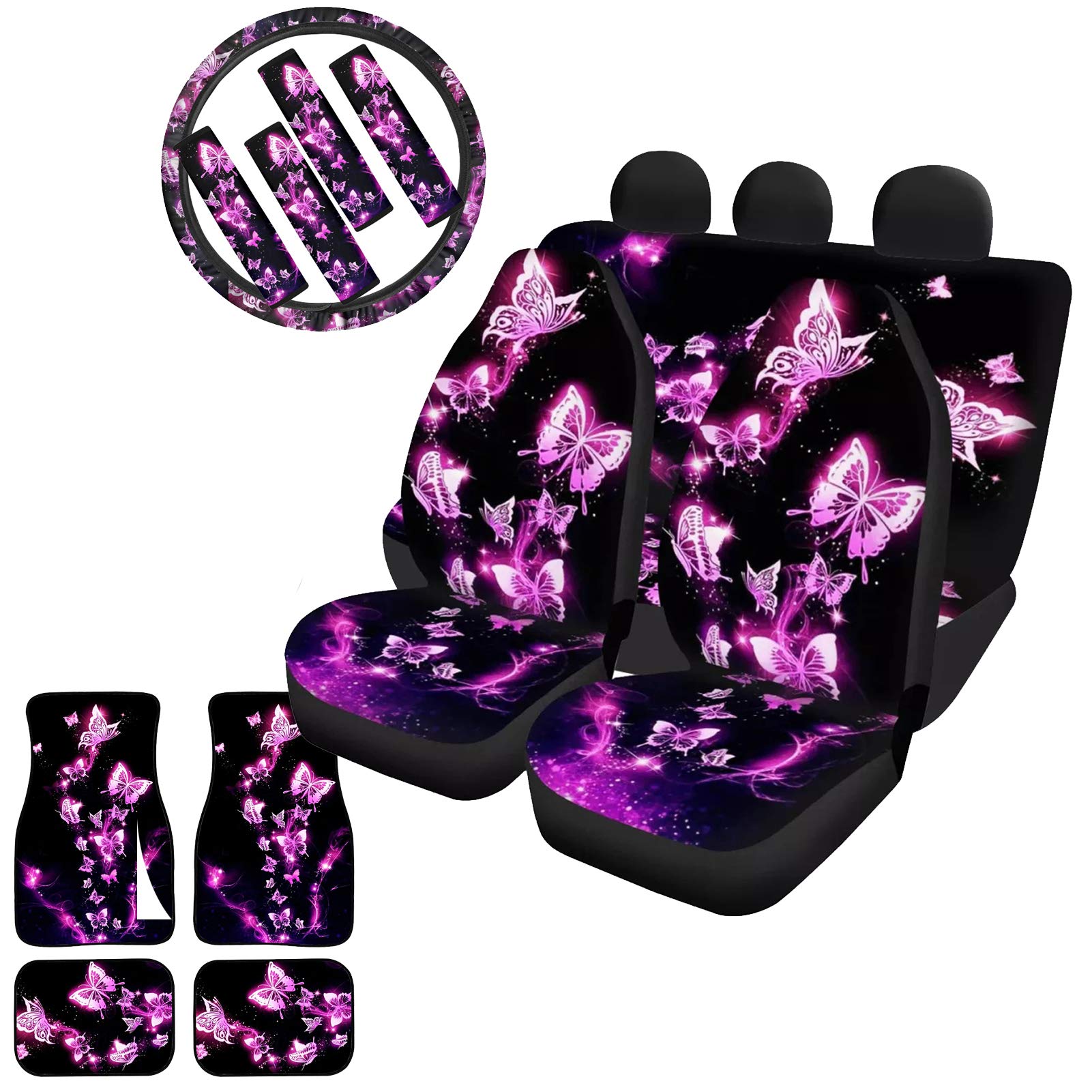Butterfly Purple Car Seat Covers Full Set for Women - Universal Front & Back Seat Covers with Floor Mats, Cute Steering Wheel Cover & Seat Belt Pads | Car Interior Accessories for Girls | Perfect for Daily Commute & Road Trips