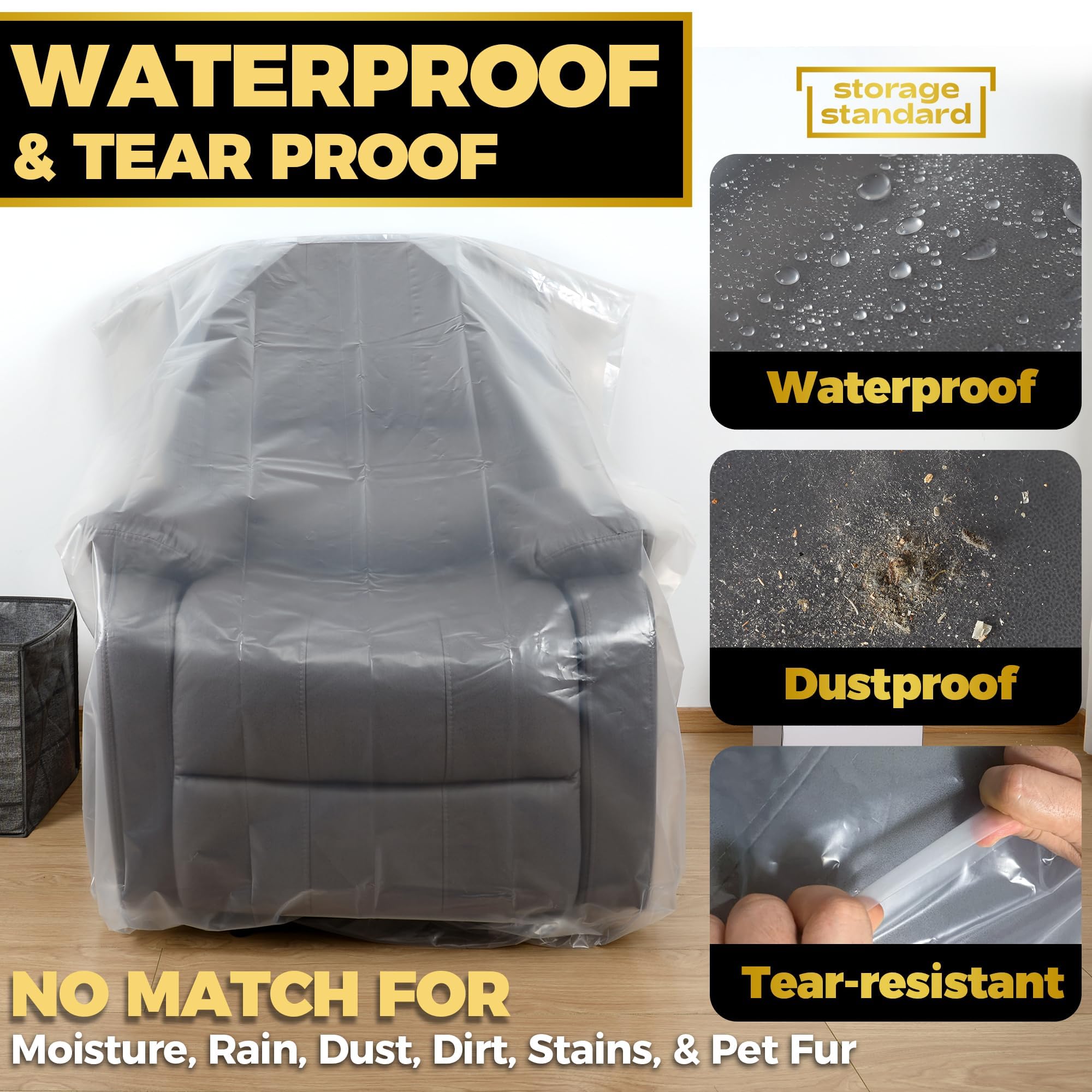 Heavy-Duty Plastic Furniture Covers - Waterproof Chair Protectors for Moving & Storage (64x42x34in) - Perfect for Armchairs & Recliners